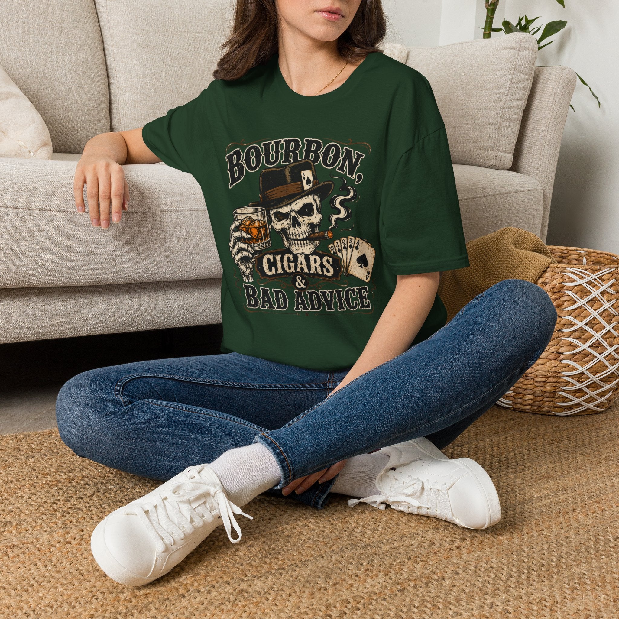 Copy of Bourbon, Cigars & Bad Advice T-Shirt — Skull Whiskey Bar Graphic Tee