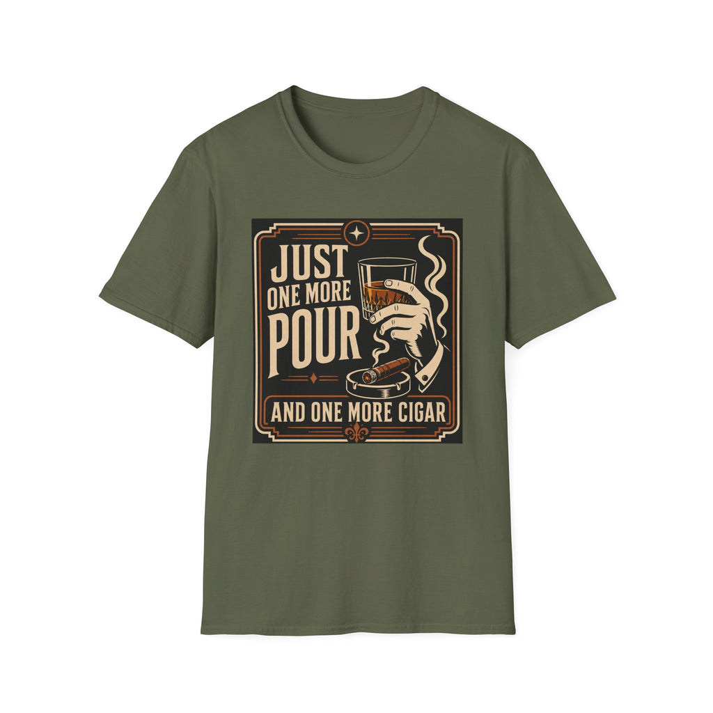 Whiskey & Cigar T-Shirt — "Just One More Pour (And One More Cigar)" Retro Bar Graphic