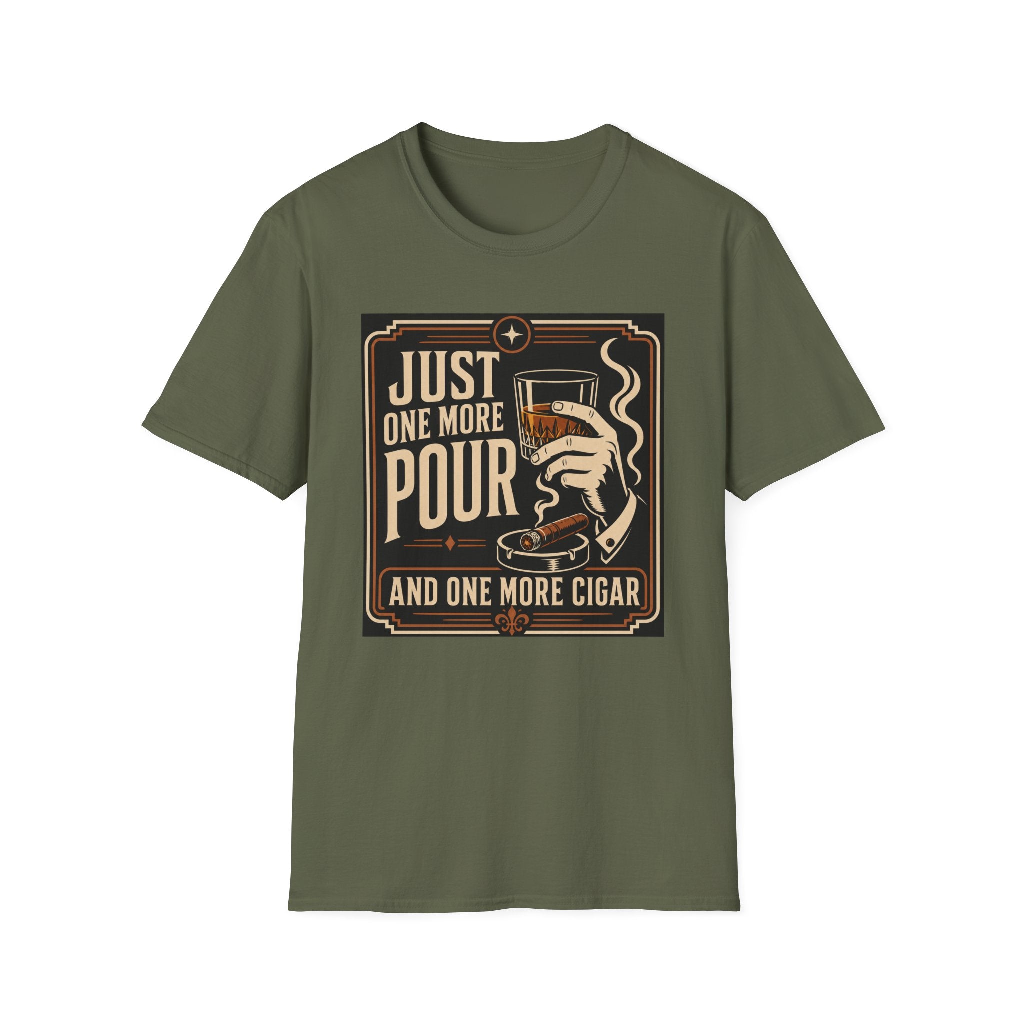 Whiskey & Cigar T-Shirt — "Just One More Pour (And One More Cigar)" Retro Bar Graphic