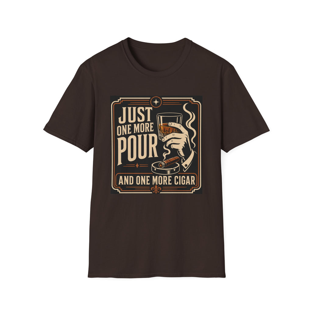 Whiskey & Cigar T-Shirt — "Just One More Pour (And One More Cigar)" Retro Bar Graphic
