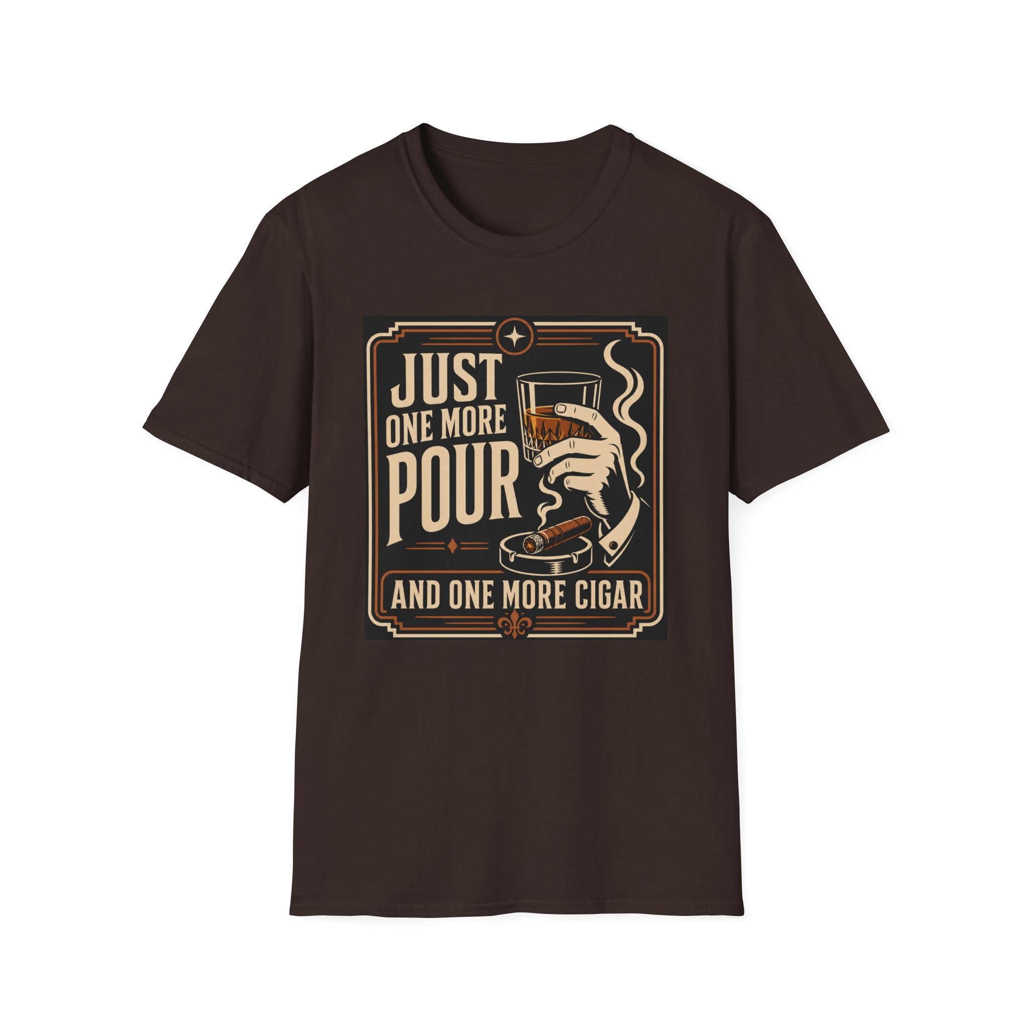 Whiskey & Cigar T-Shirt — "Just One More Pour (And One More Cigar)" Retro Bar Graphic