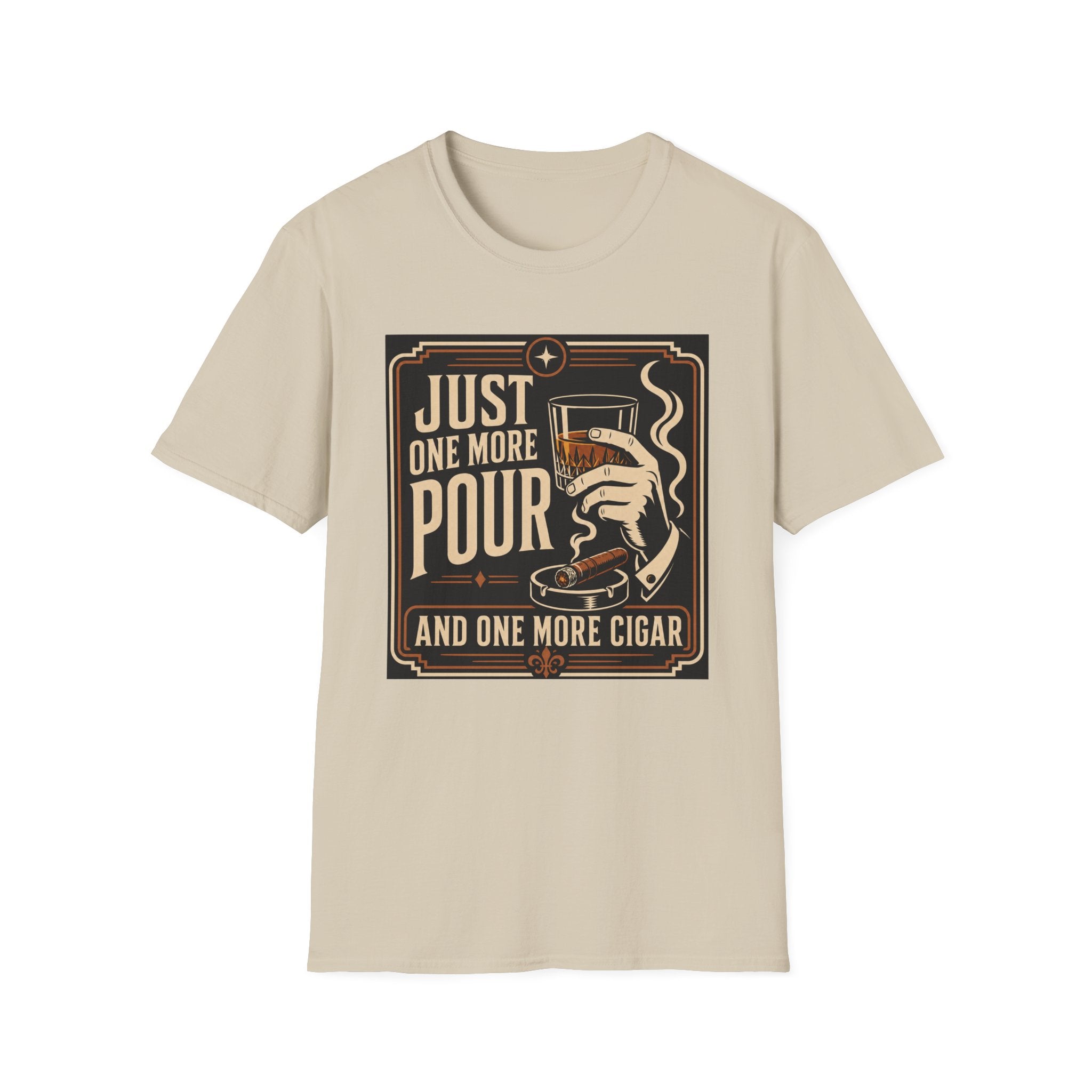 Whiskey & Cigar T-Shirt — "Just One More Pour (And One More Cigar)" Retro Bar Graphic