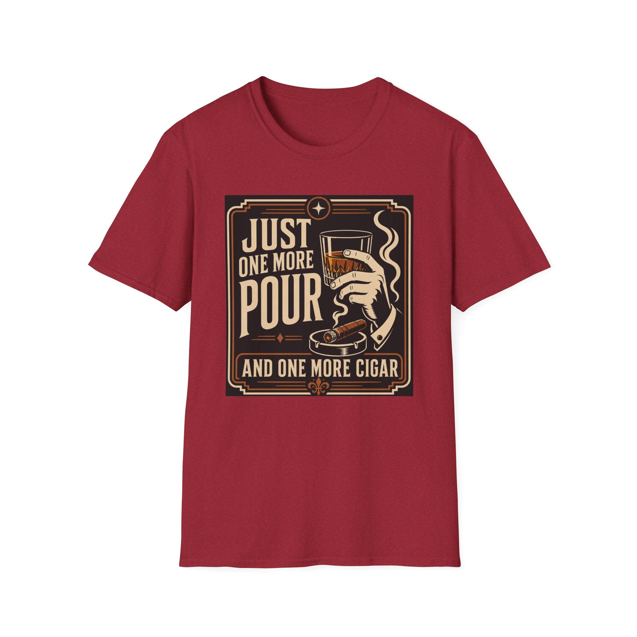 Whiskey & Cigar T-Shirt — "Just One More Pour (And One More Cigar)" Retro Bar Graphic