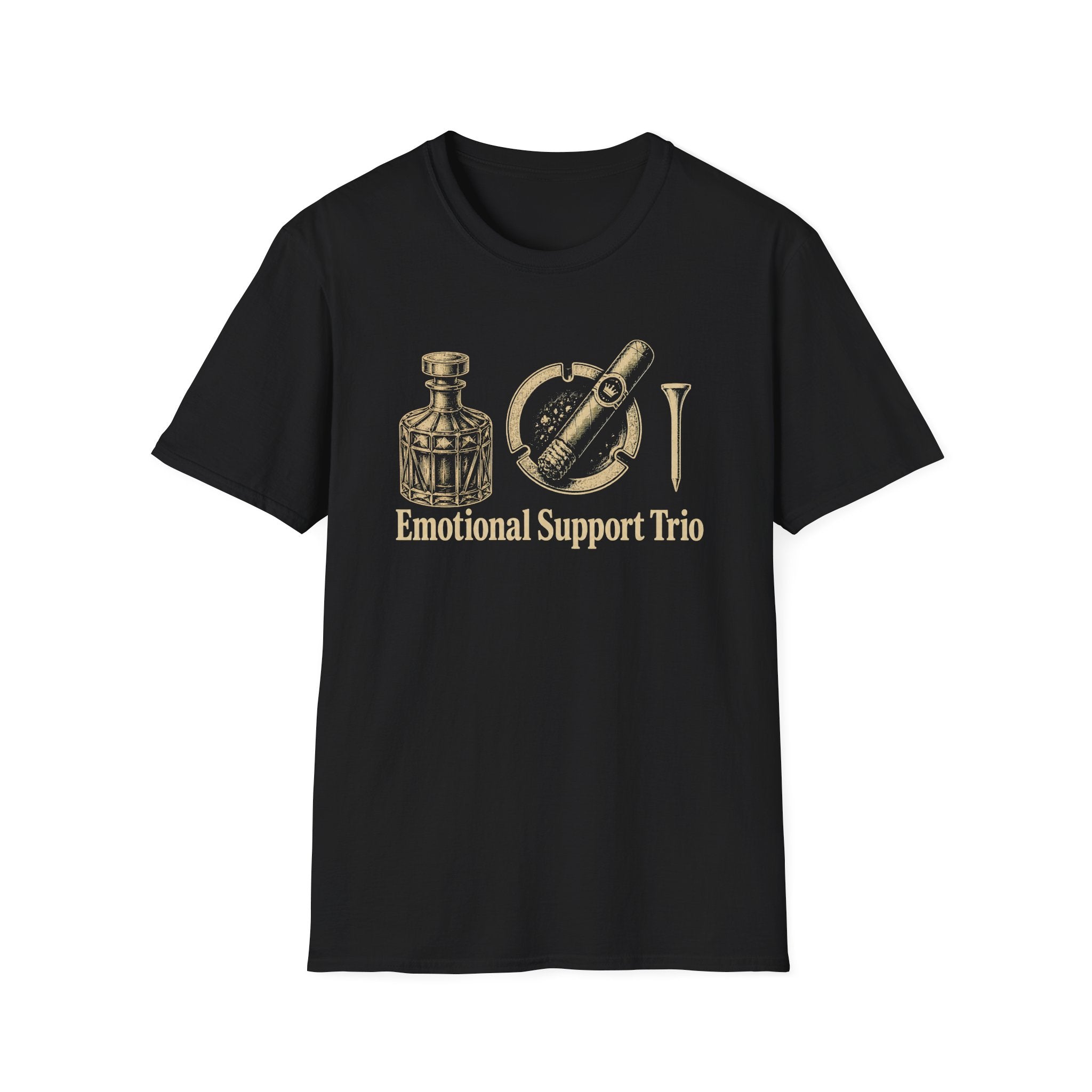 Emotional Support Trio (Whiskey Bottle, Cigar, Golf Tee) T-Shirt