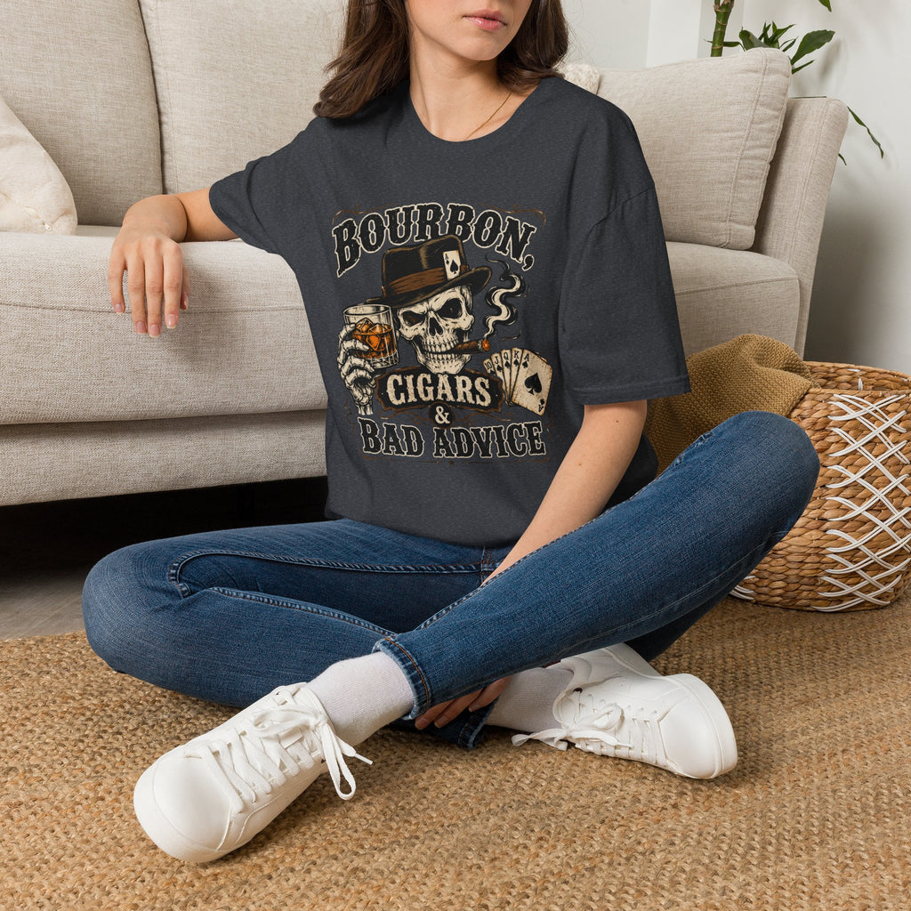 Copy of Bourbon, Cigars & Bad Advice T-Shirt — Skull Whiskey Bar Graphic Tee