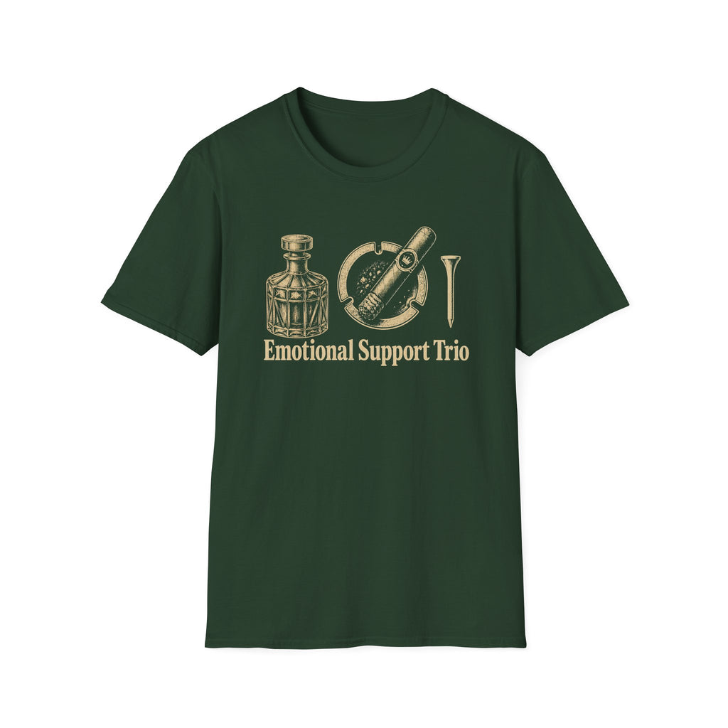 Emotional Support Trio (Whiskey Bottle, Cigar, Golf Tee) T-Shirt