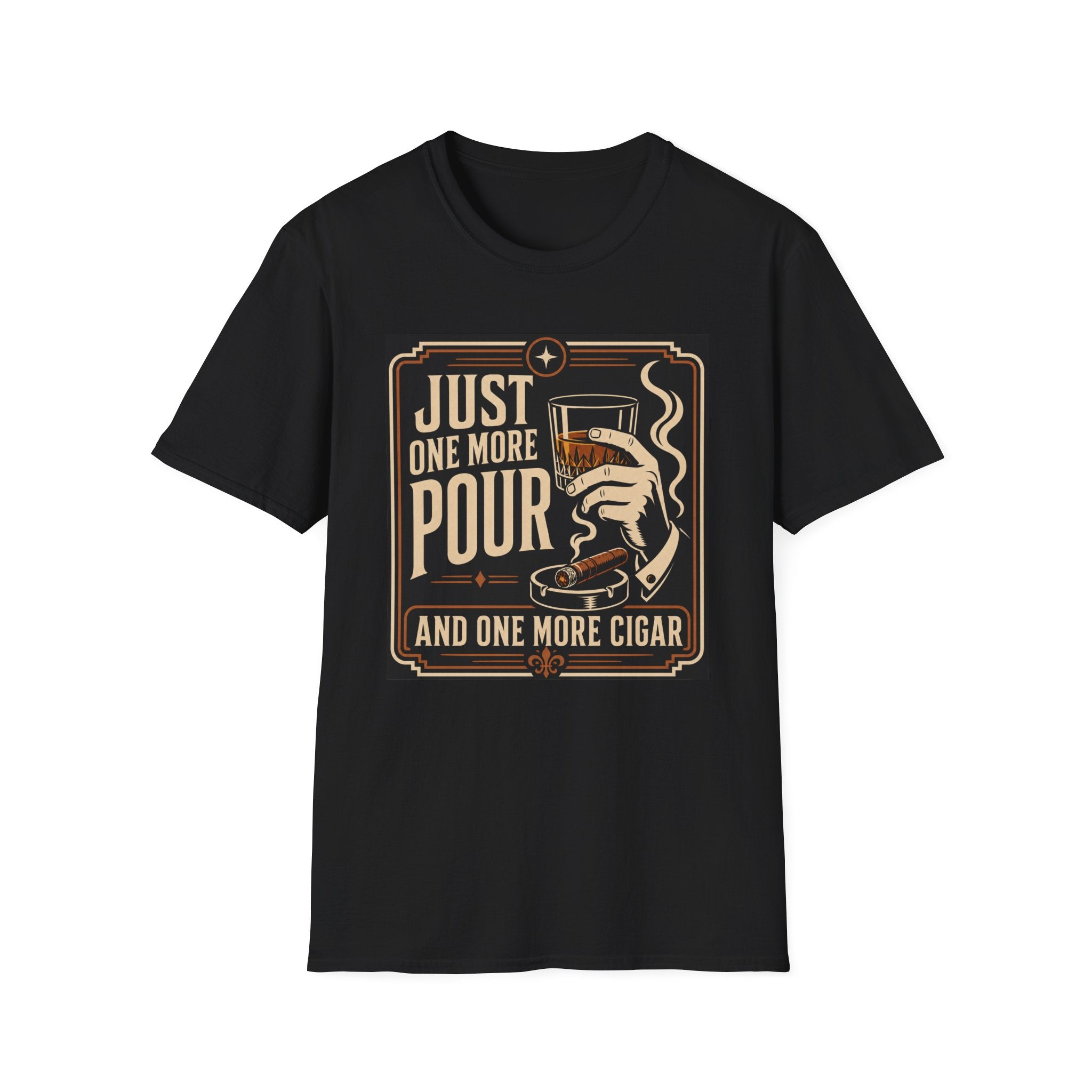 Whiskey & Cigar T-Shirt — "Just One More Pour (And One More Cigar)" Retro Bar Graphic