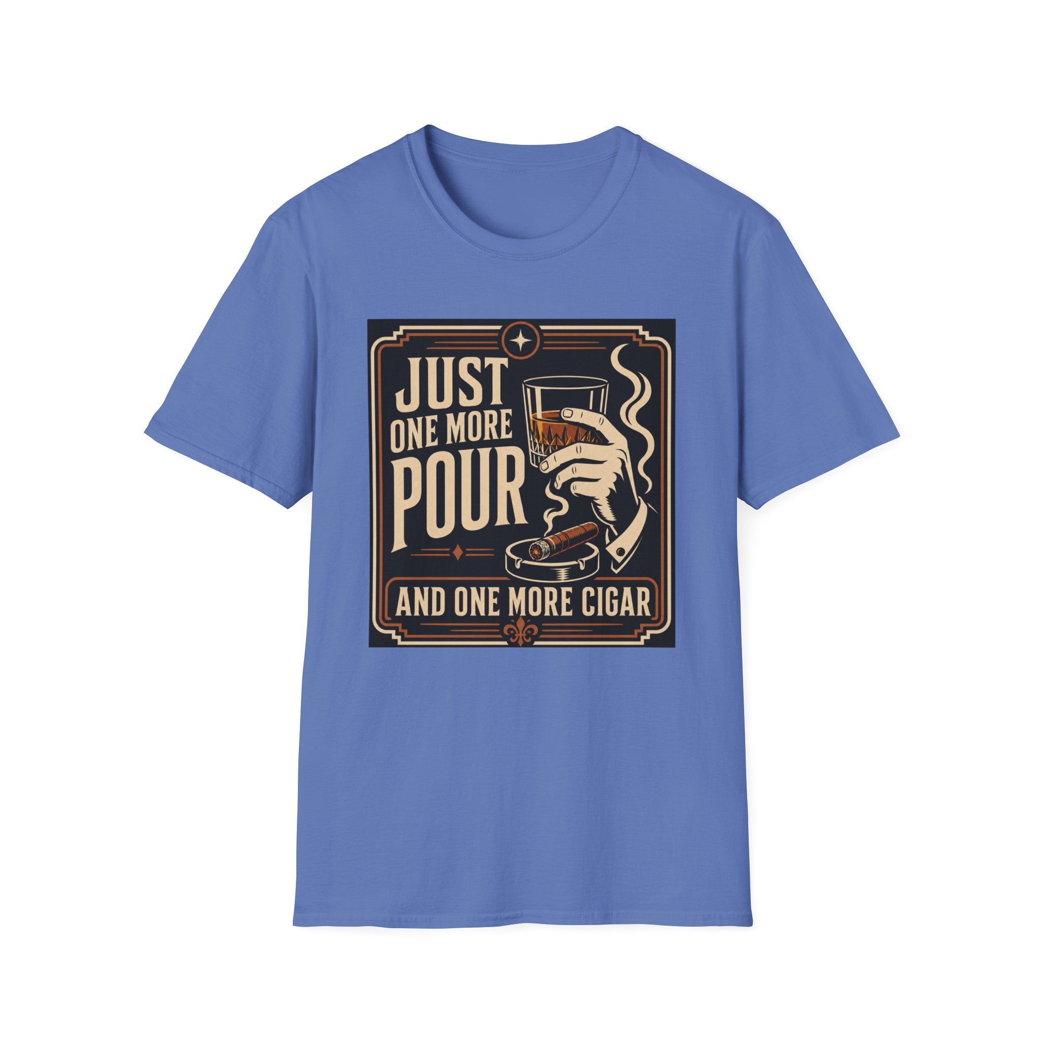 Whiskey & Cigar T-Shirt — "Just One More Pour (And One More Cigar)" Retro Bar Graphic