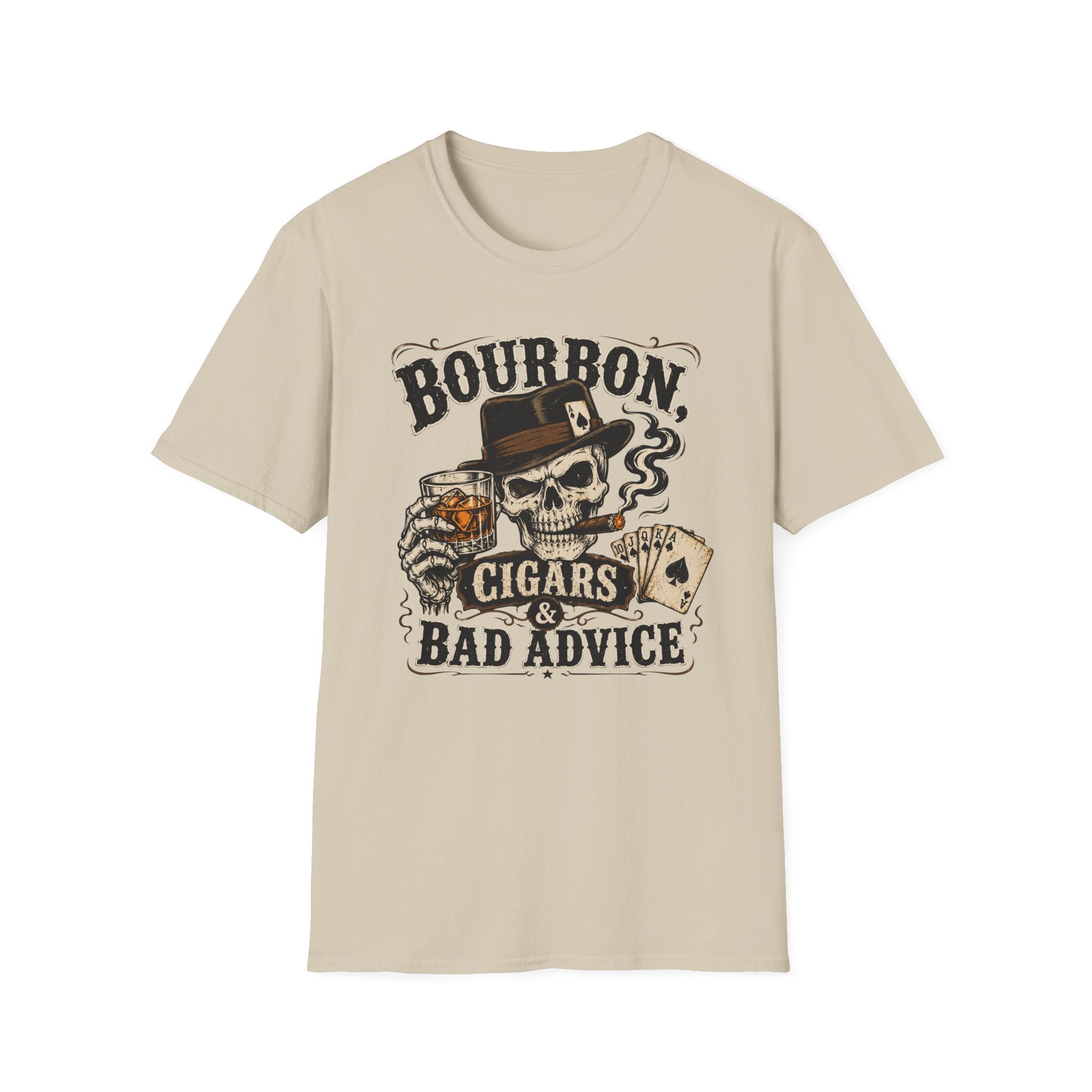 Copy of Bourbon, Cigars & Bad Advice T-Shirt — Skull Whiskey Bar Graphic Tee