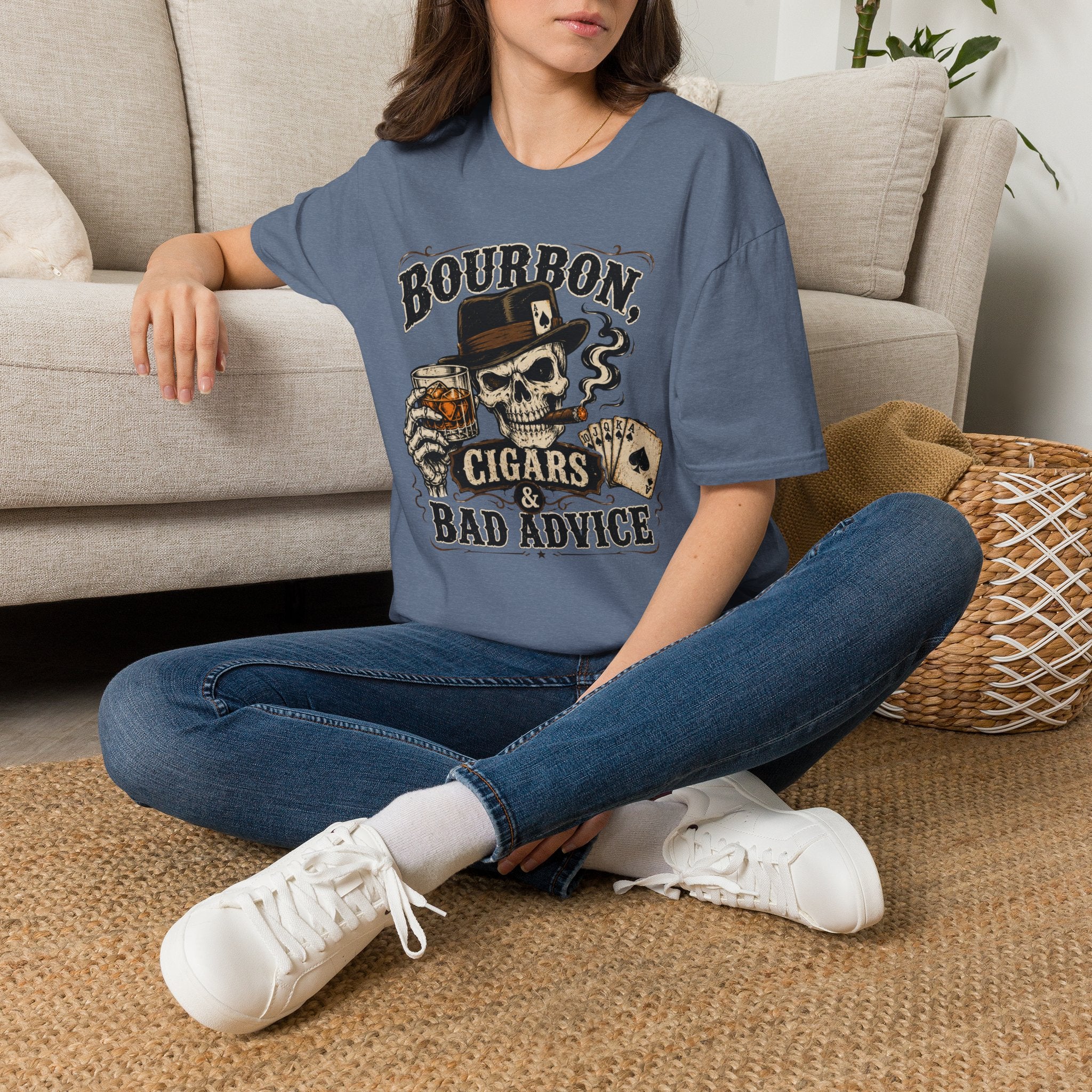 Copy of Bourbon, Cigars & Bad Advice T-Shirt — Skull Whiskey Bar Graphic Tee
