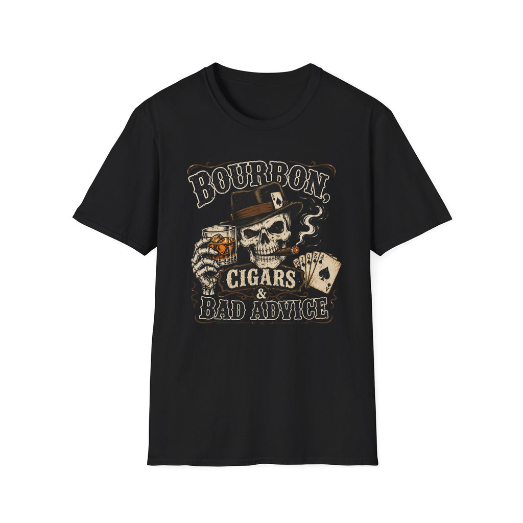 Copy of Bourbon, Cigars & Bad Advice T-Shirt — Skull Whiskey Bar Graphic Tee