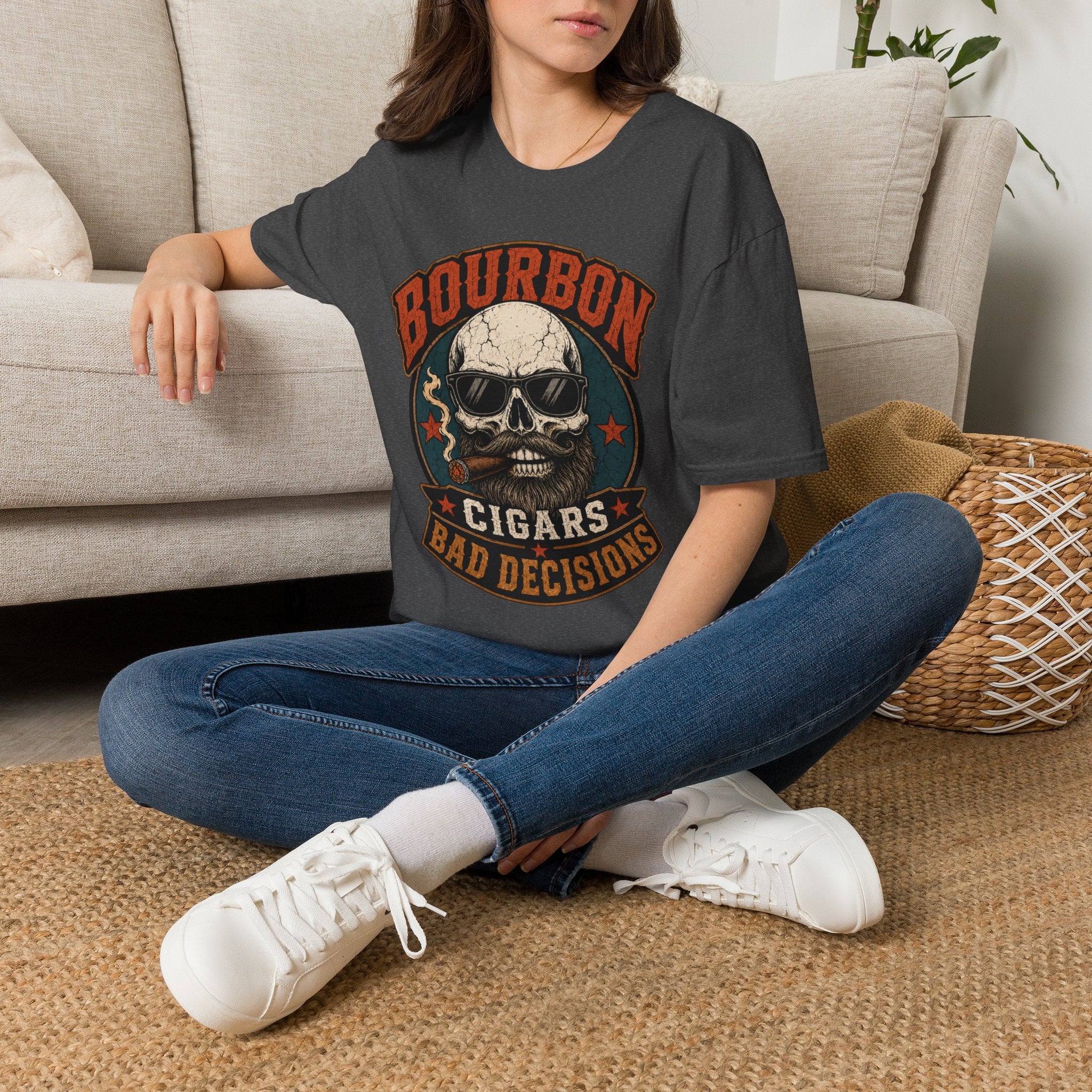 Copy of Bourbon Cigars Bad Decisions T-Shirt — Skull Vintage Bourbon Graphic Tee