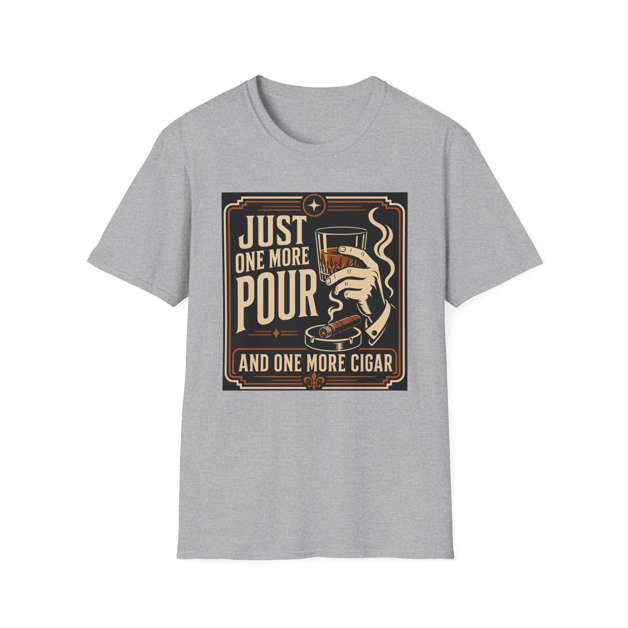Whiskey & Cigar T-Shirt — "Just One More Pour (And One More Cigar)" Retro Bar Graphic