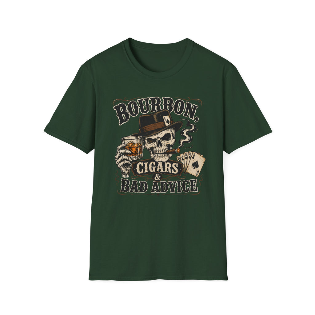 Copy of Bourbon, Cigars & Bad Advice T-Shirt — Skull Whiskey Bar Graphic Tee