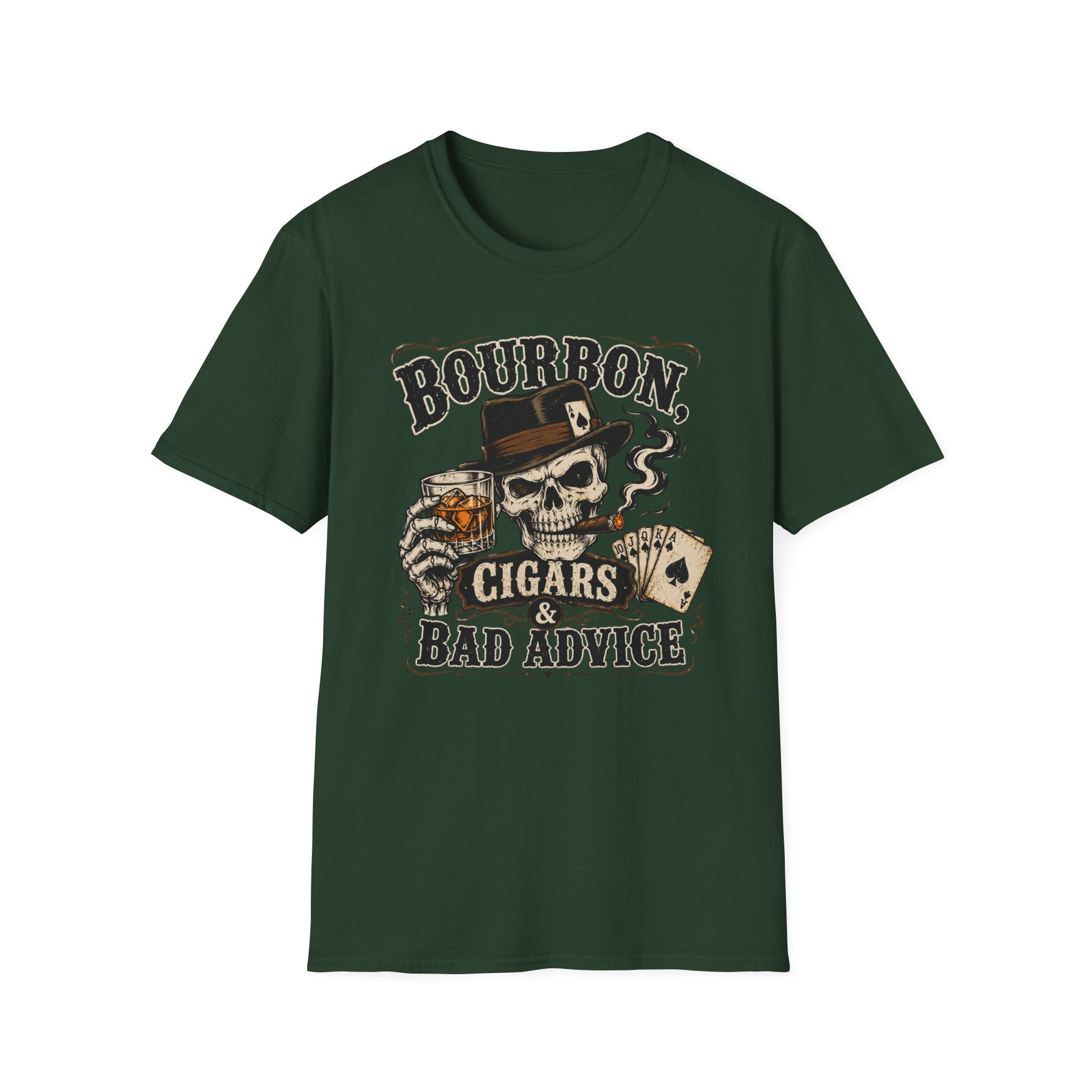 Copy of Bourbon, Cigars & Bad Advice T-Shirt — Skull Whiskey Bar Graphic Tee