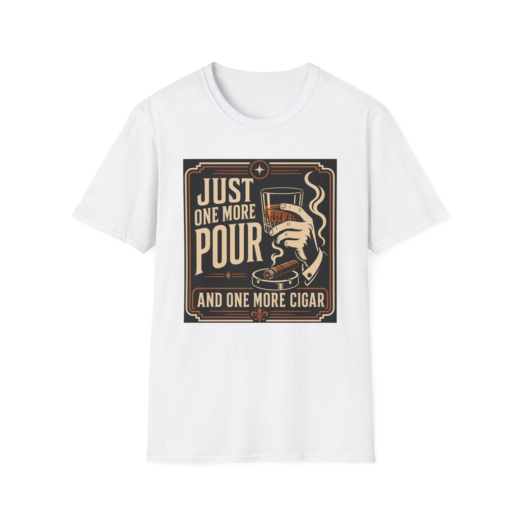Whiskey & Cigar T-Shirt — "Just One More Pour (And One More Cigar)" Retro Bar Graphic