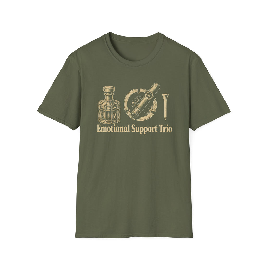 Emotional Support Trio (Whiskey Bottle, Cigar, Golf Tee) T-Shirt