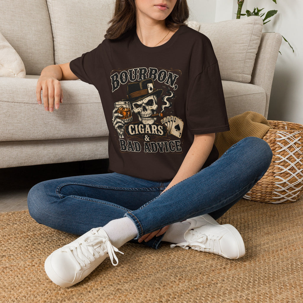 Copy of Bourbon, Cigars & Bad Advice T-Shirt — Skull Whiskey Bar Graphic Tee