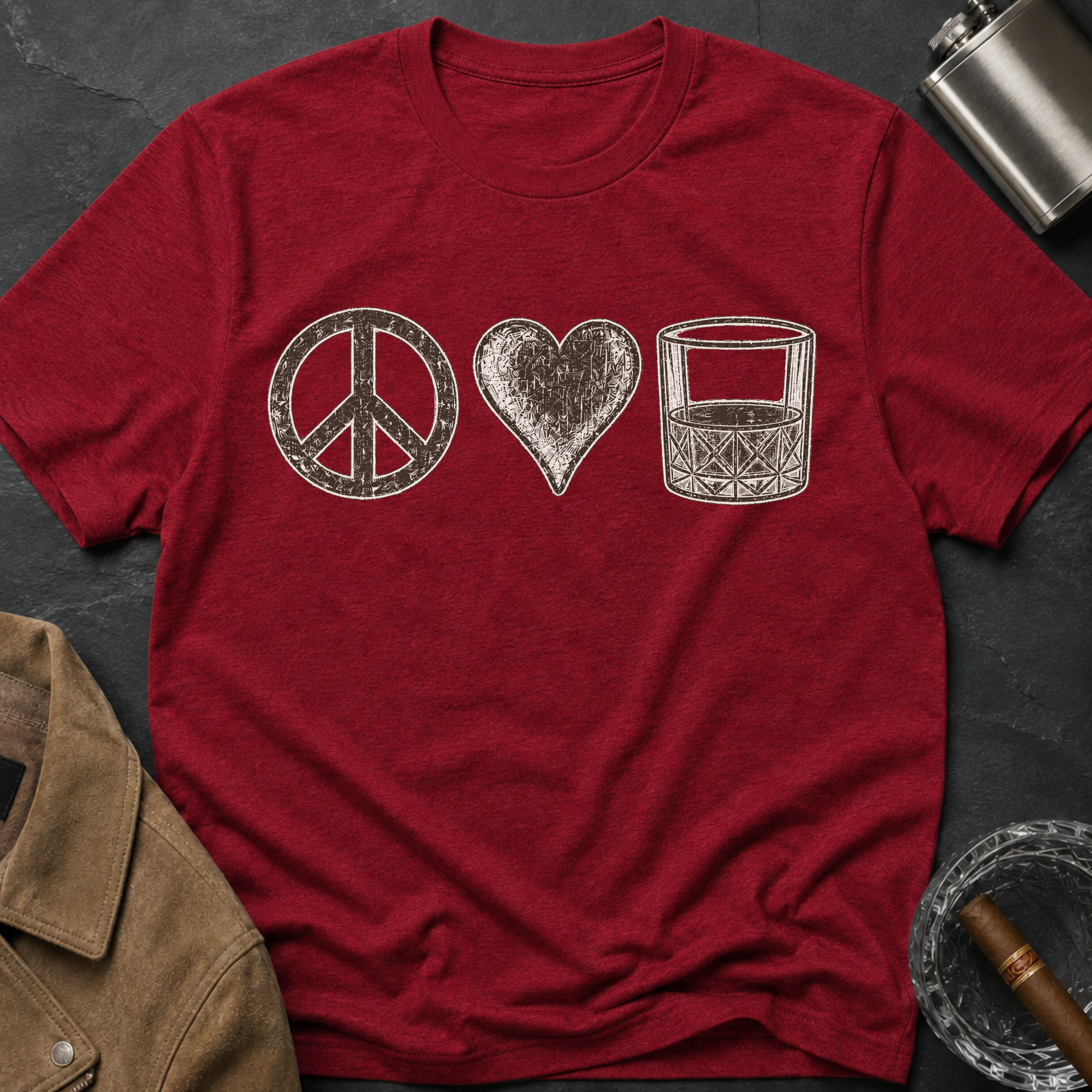 Peace Love Whiskey T-Shirt — Vintage Peace Sign Heart & Whiskey Glass Tee