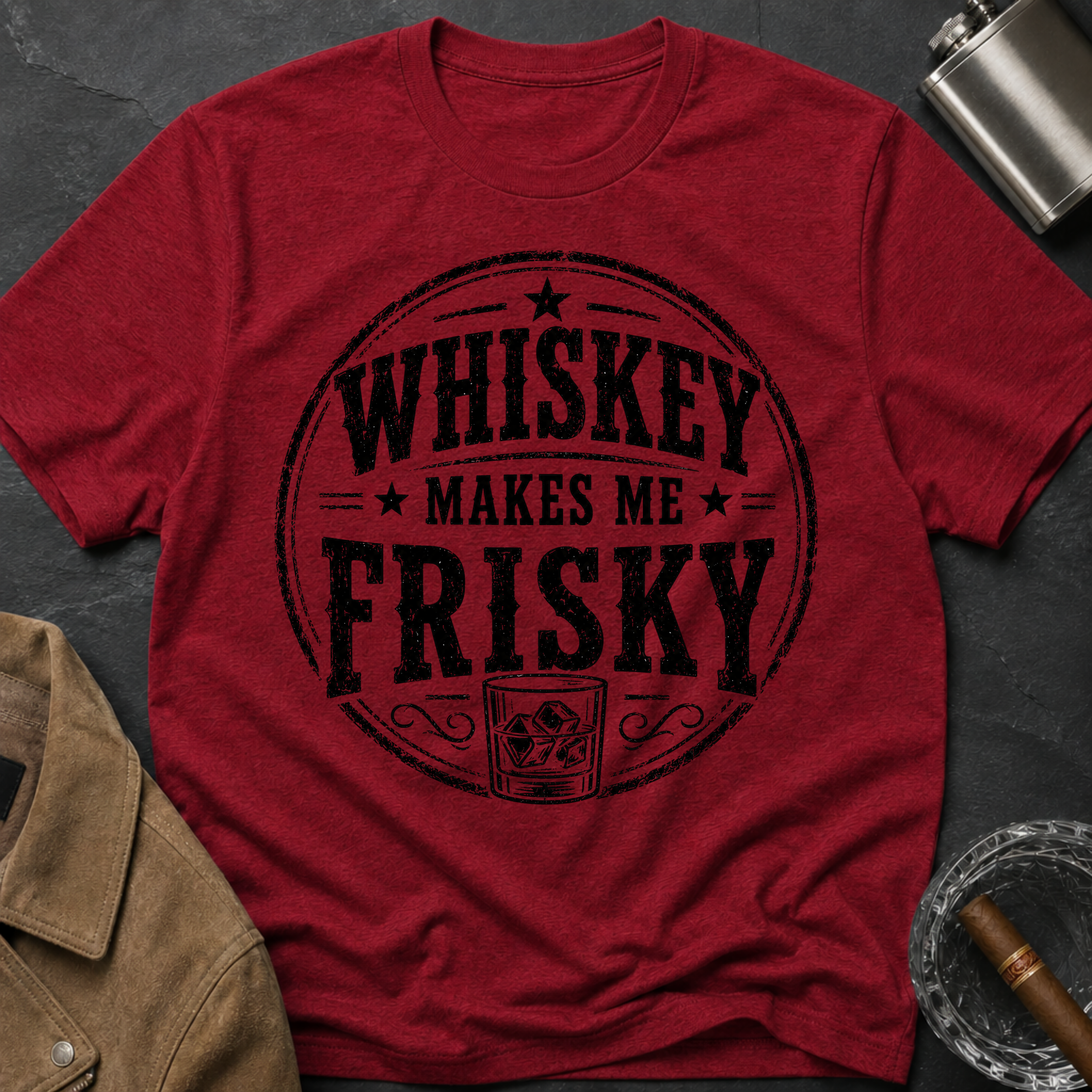 Whiskey Makes Me Frisky T-Shirt — Vintage Bar Drinking Graphic Tee
