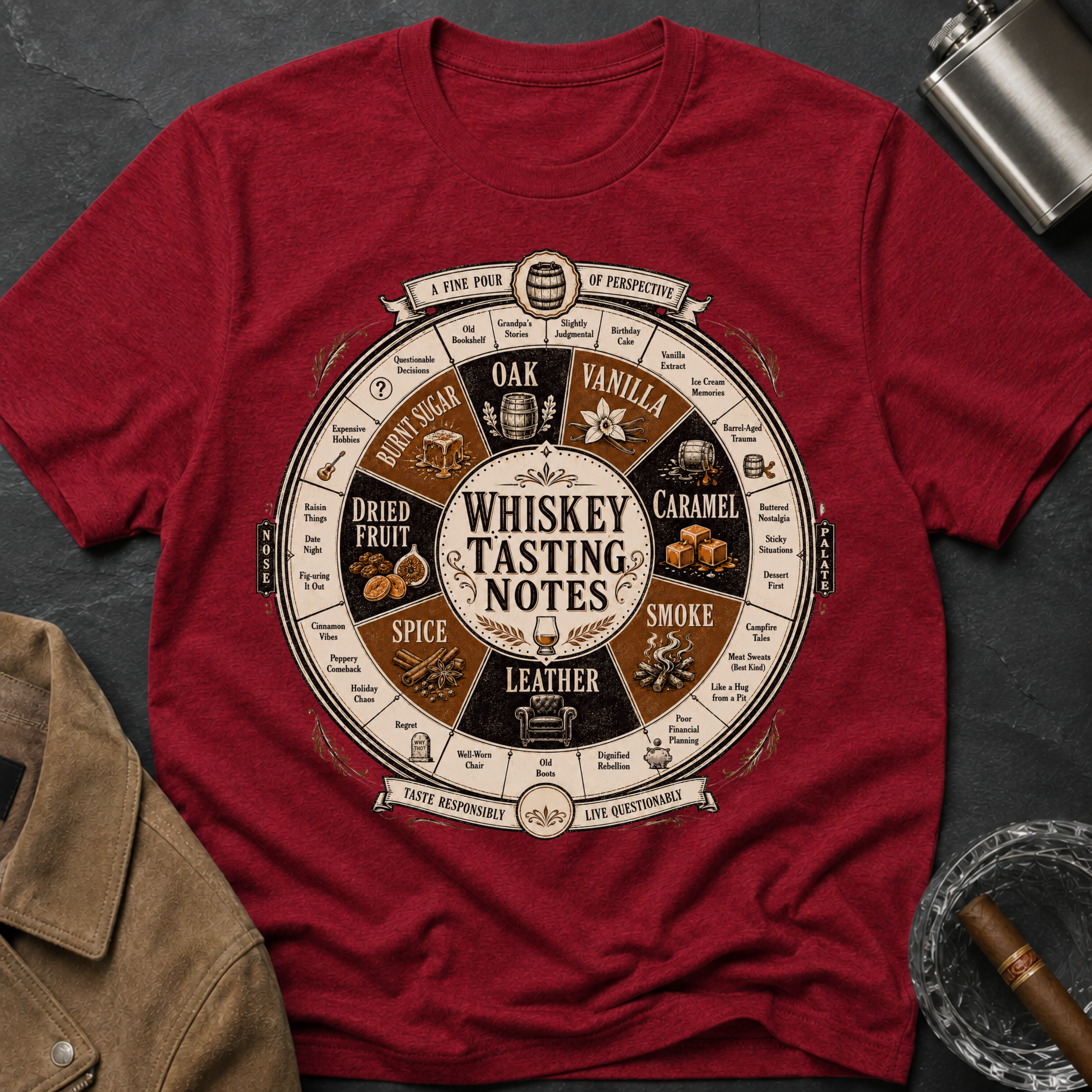 Whiskey Tasting Notes T-Shirt — Vintage Whiskey Flavor Wheel