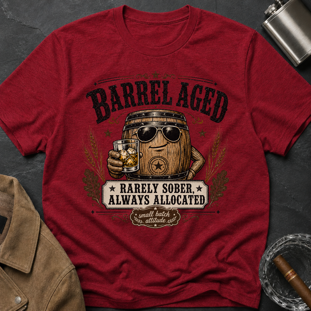 Barrel Aged T-Shirt — "Barrel Aged: Rarely Sober, Always Allocated" Vintage Whiskey Tee