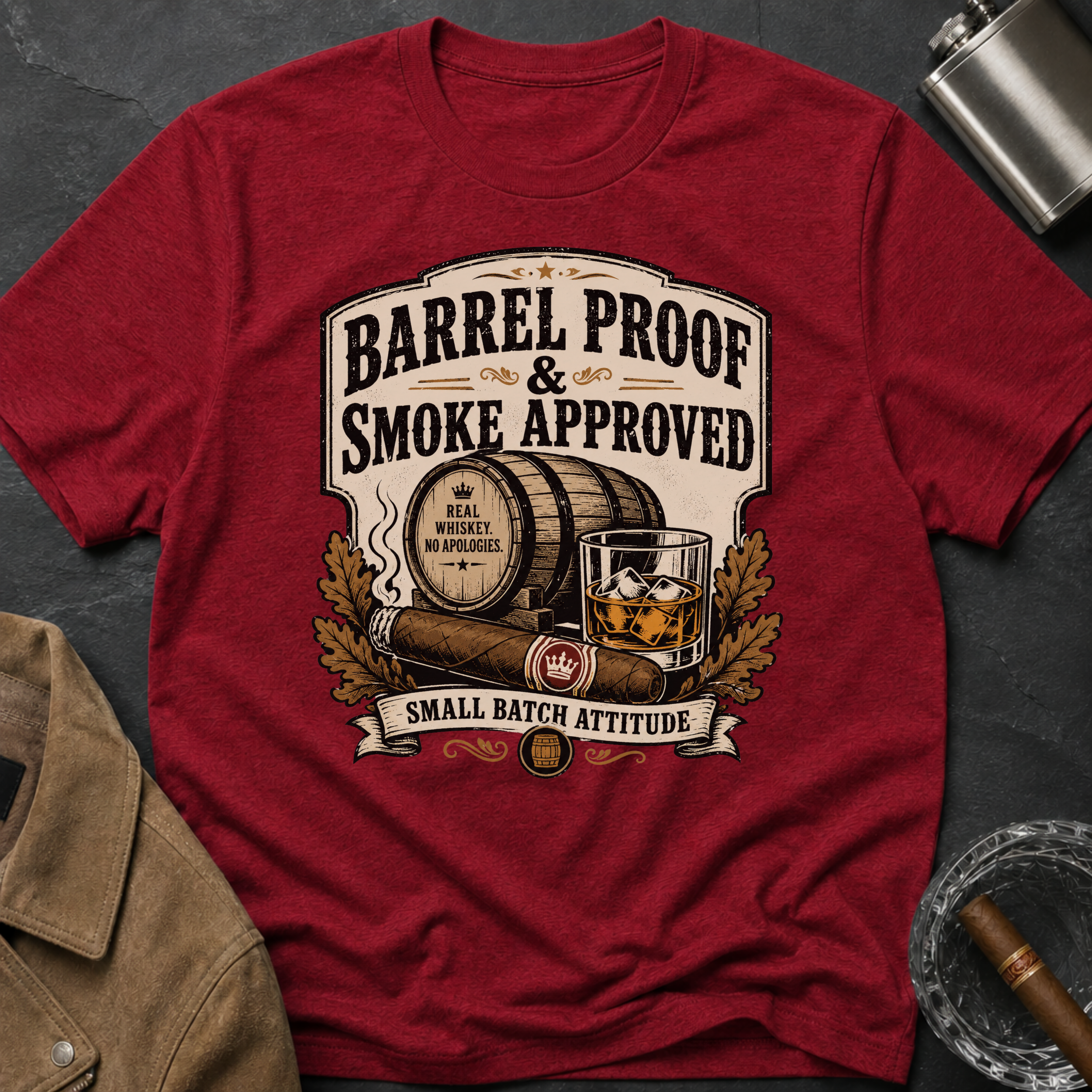 Barrel Proof & Smoke Approved T-Shirt — Whiskey Barrel Distillery Tee