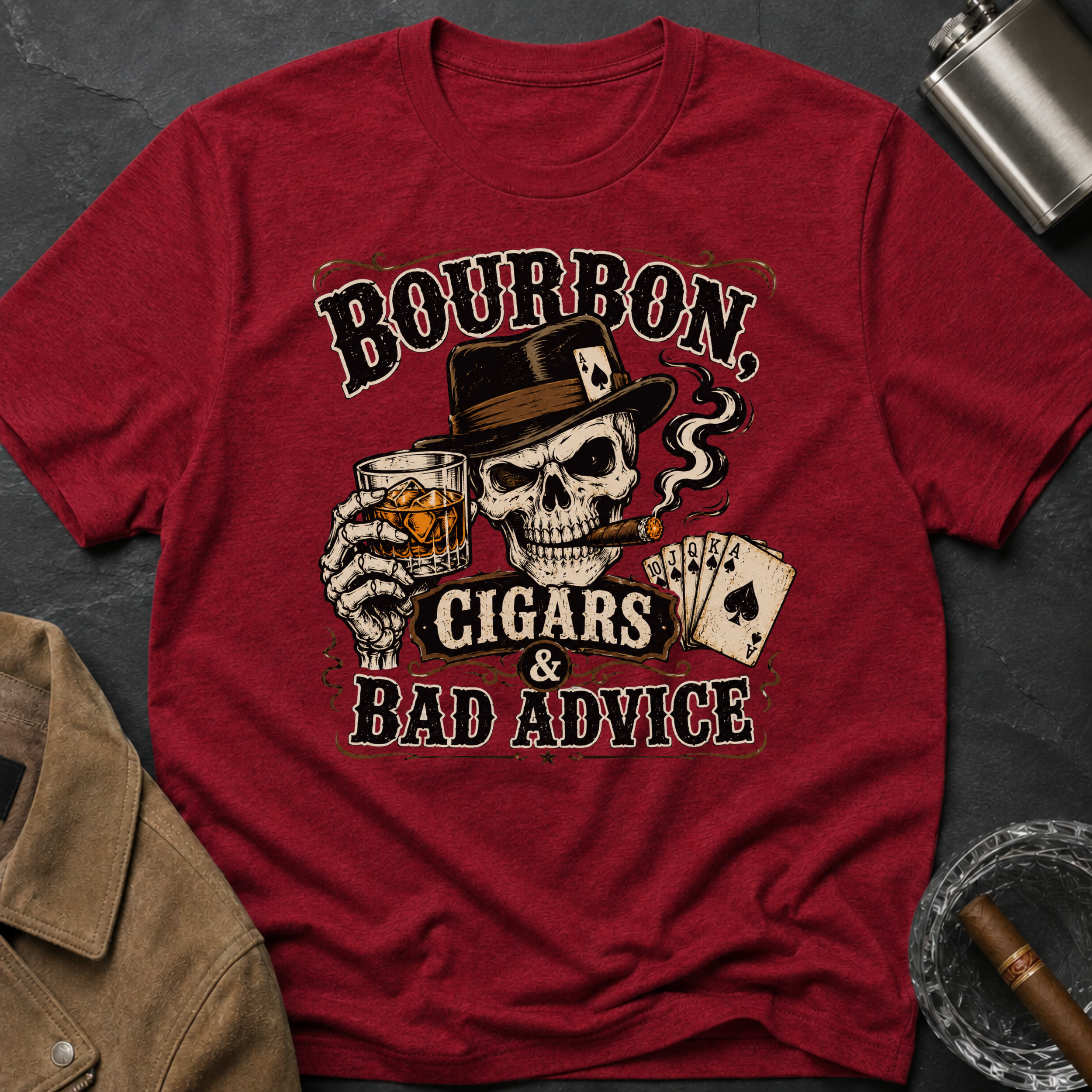 Bourbon, Cigars & Bad Advice T-Shirt — Skull Whiskey Bar Graphic Tee