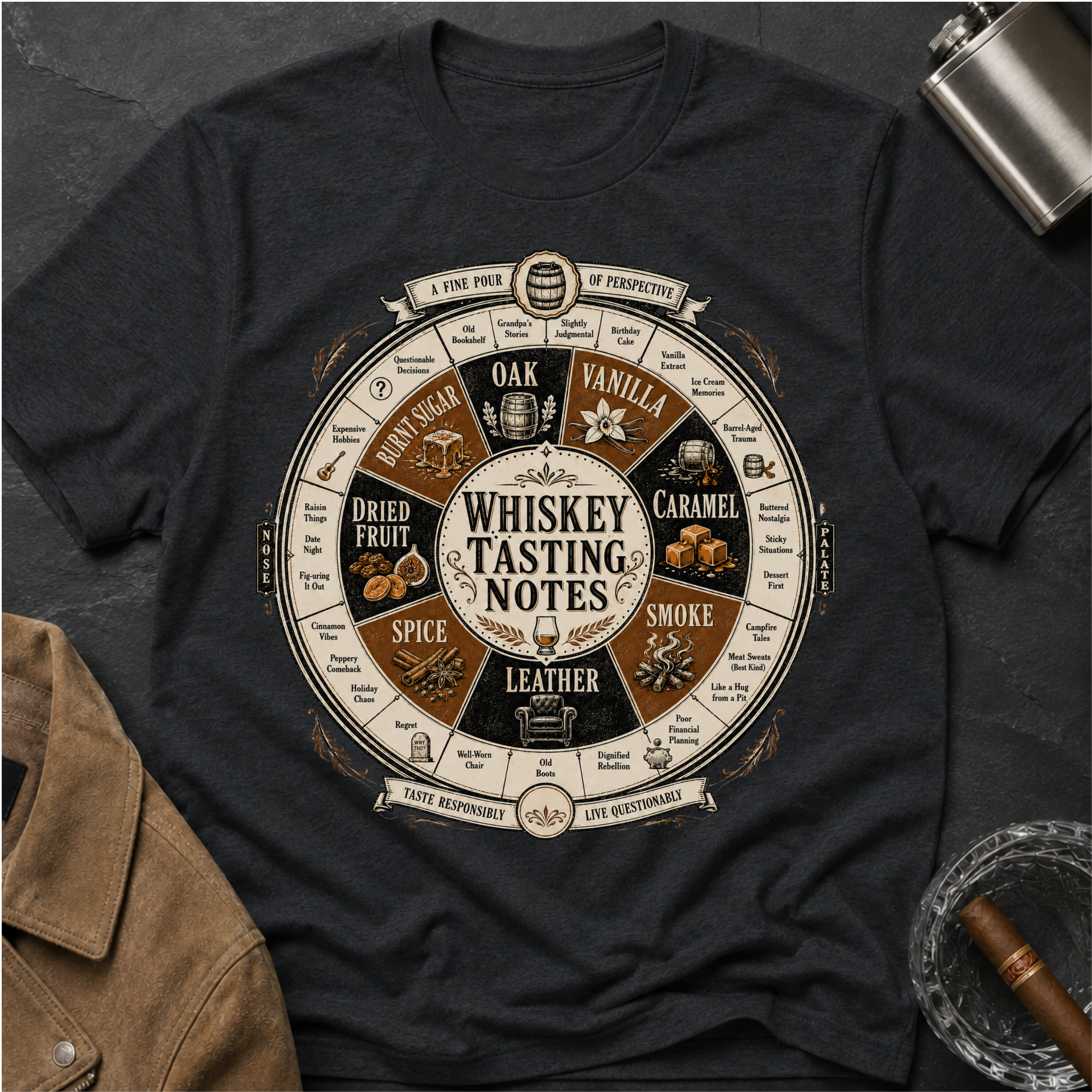 Whiskey Tasting Notes T-Shirt — Vintage Whiskey Flavor Wheel