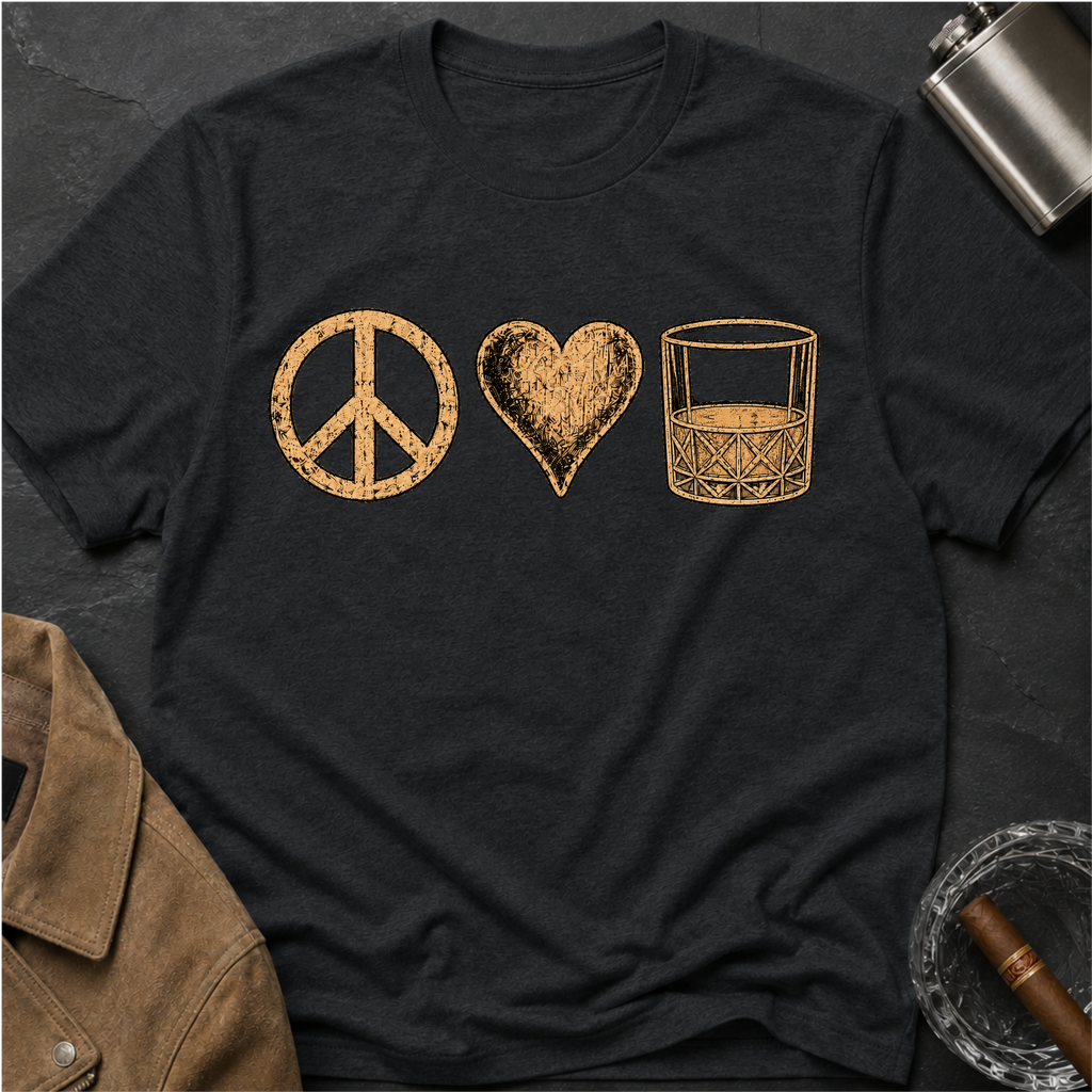 Peace Love Whiskey T-Shirt — Vintage Peace Sign Heart & Whiskey Glass Tee