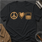 Peace Love Whiskey T-Shirt — Vintage Peace Sign Heart & Whiskey Glass Tee