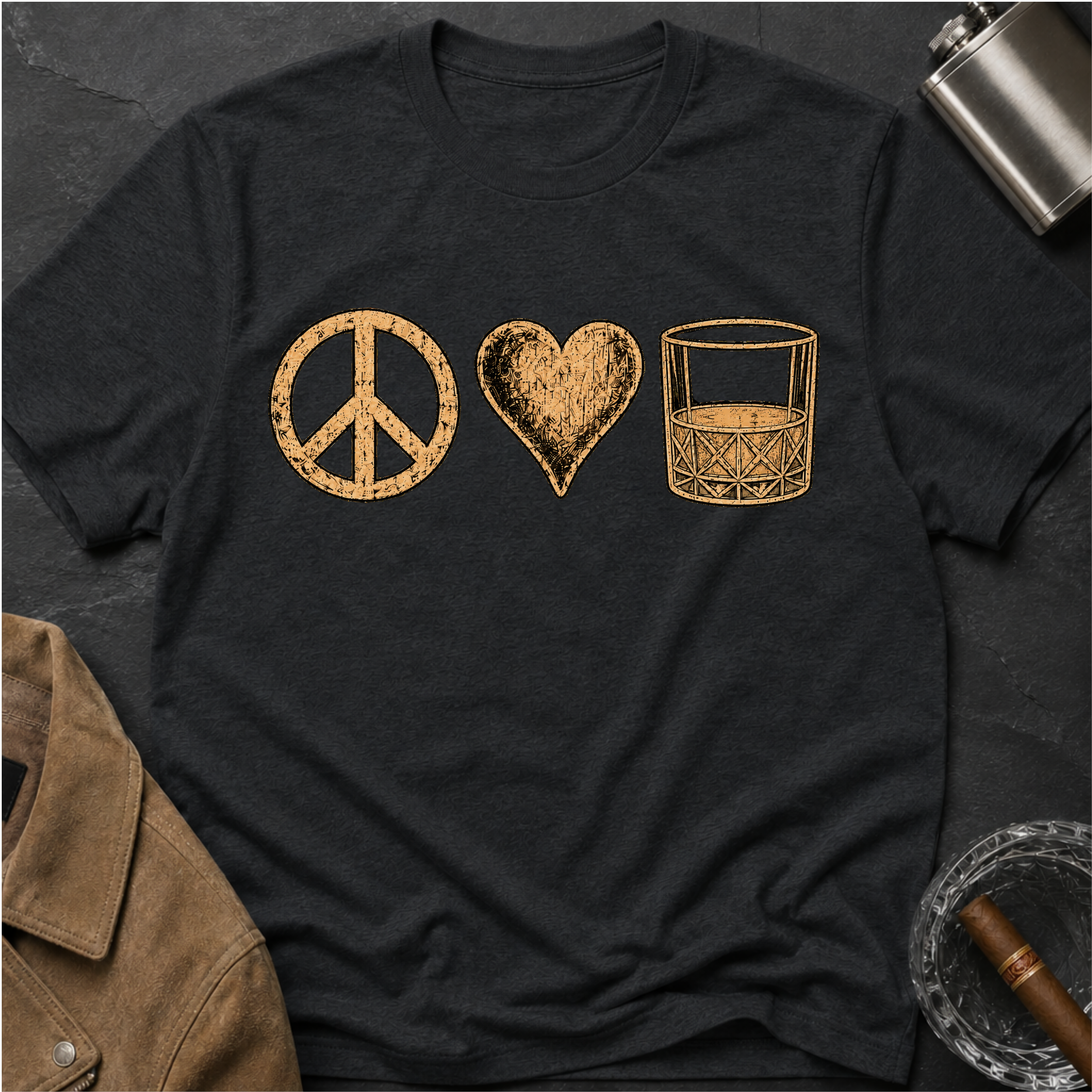 Peace Love Whiskey T-Shirt — Vintage Peace Sign Heart & Whiskey Glass Tee