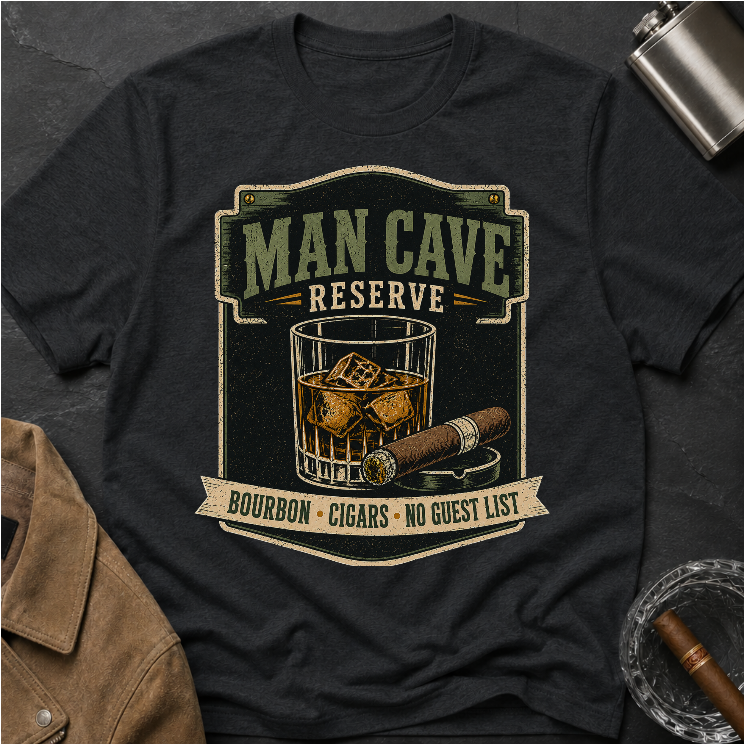 Man Cave Reserve T-Shirt — Vintage Whiskey & Cigar Lounge Tee