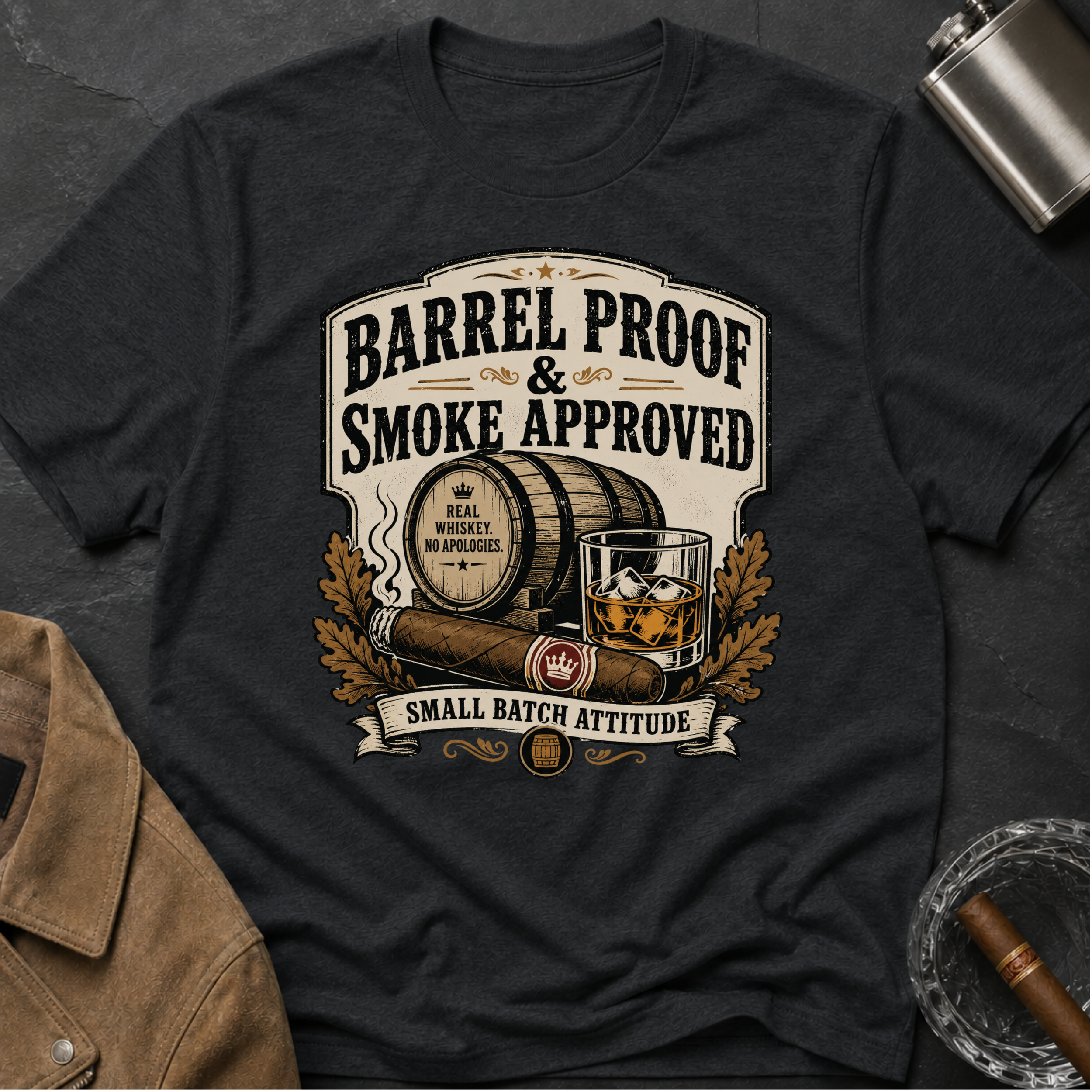 Barrel Proof & Smoke Approved T-Shirt — Whiskey Barrel Distillery Tee