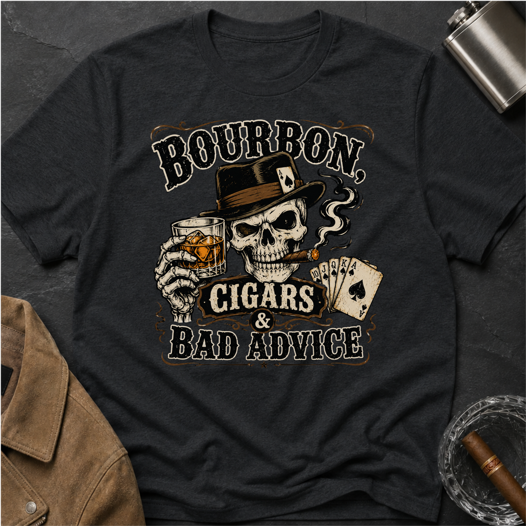 Bourbon, Cigars & Bad Advice T-Shirt — Skull Whiskey Bar Graphic Tee