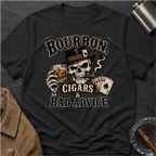 Bourbon, Cigars & Bad Advice T-Shirt — Skull Whiskey Bar Graphic Tee