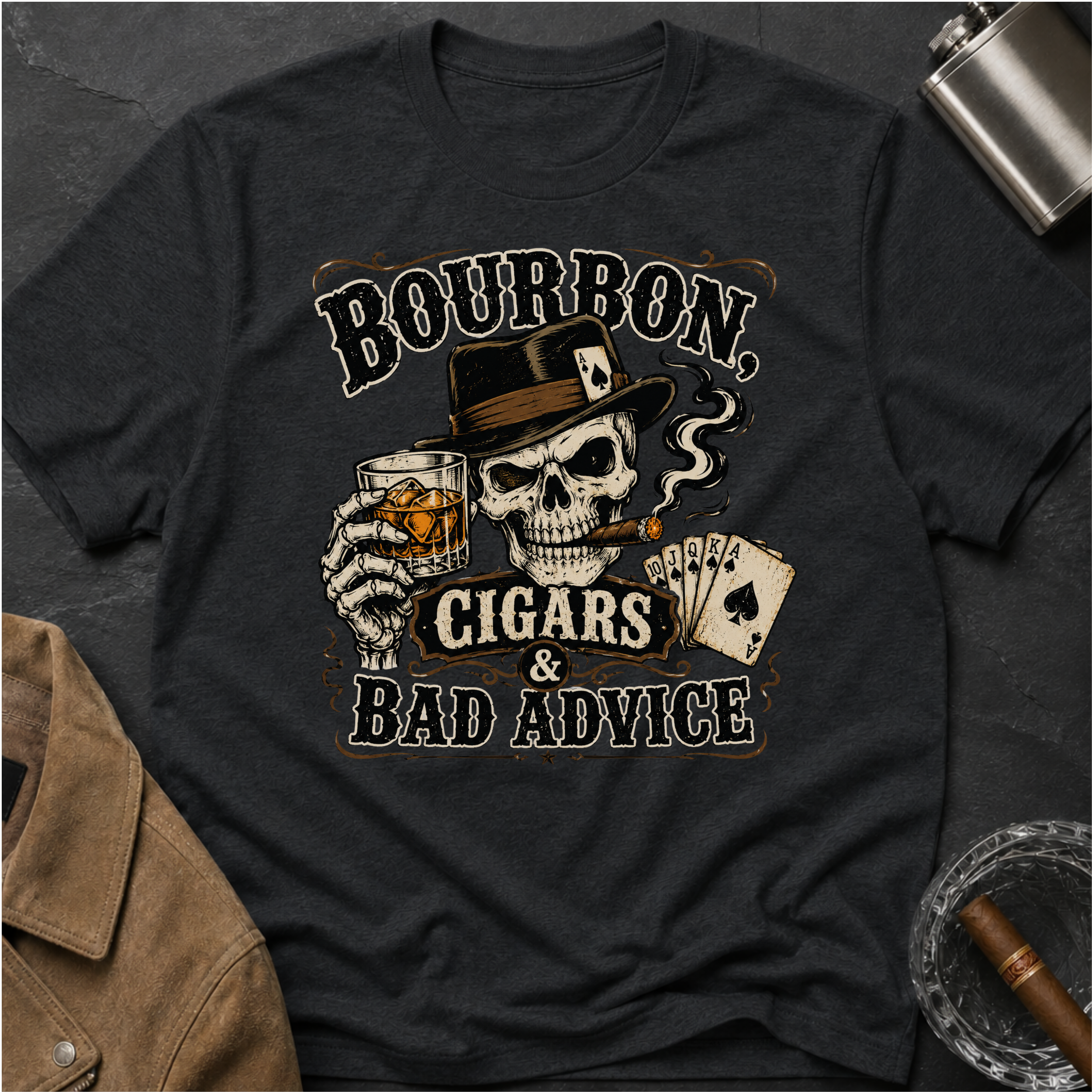 Bourbon, Cigars & Bad Advice T-Shirt — Skull Whiskey Bar Graphic Tee