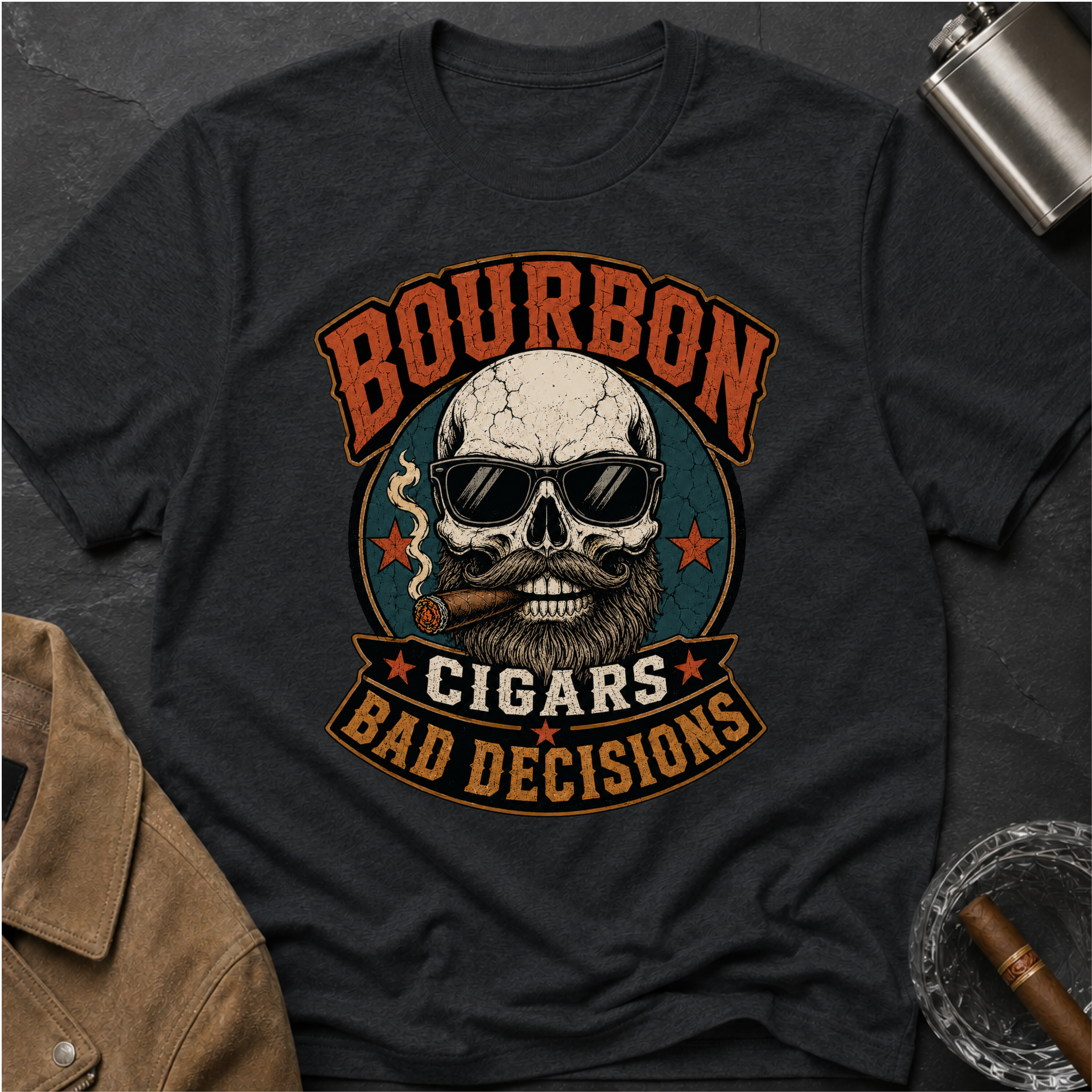 Bourbon Cigars Bad Decisions T-Shirt — Skull Vintage Bourbon Graphic Tee