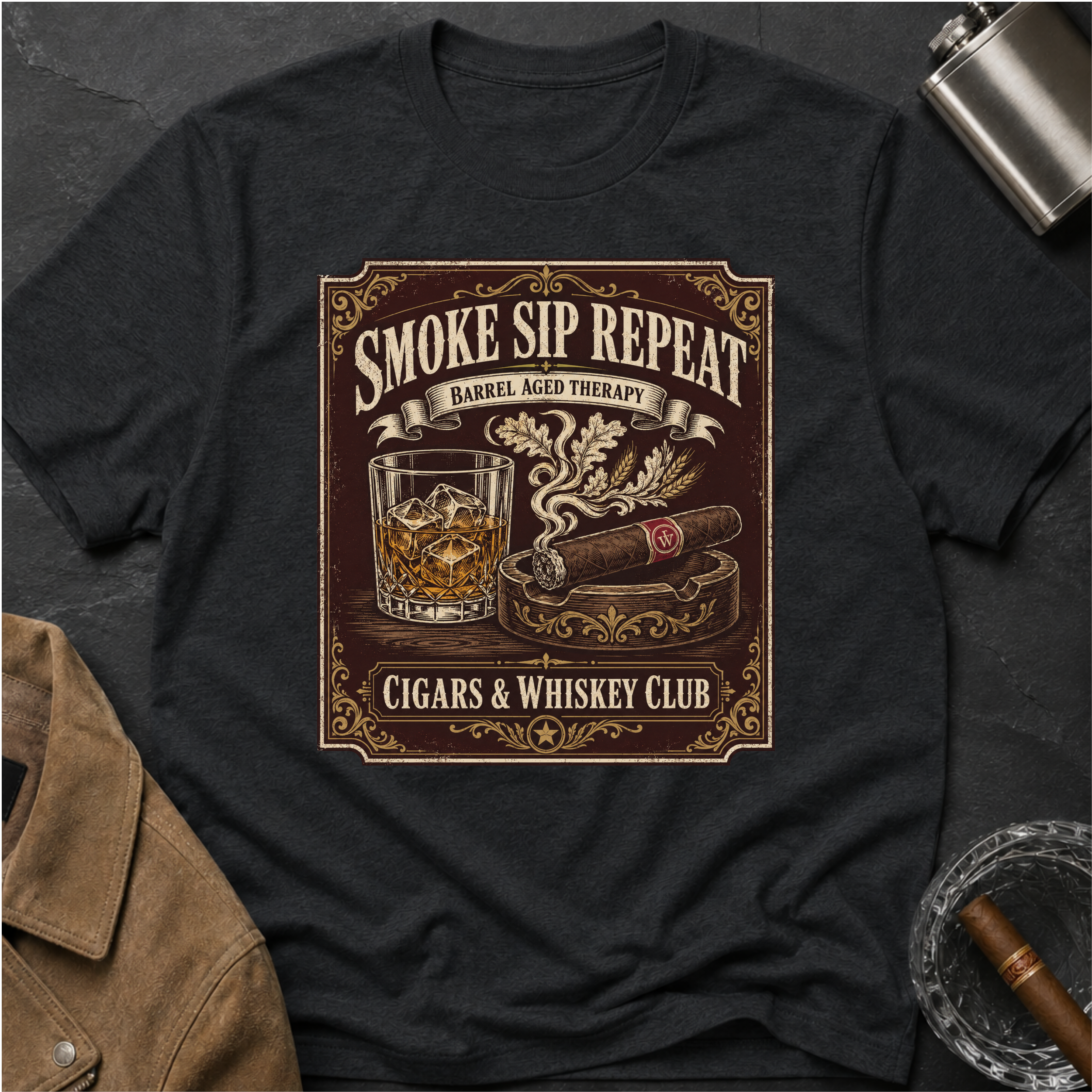 Cigar & Whiskey "Smoke Sip Repeat" T-Shirt