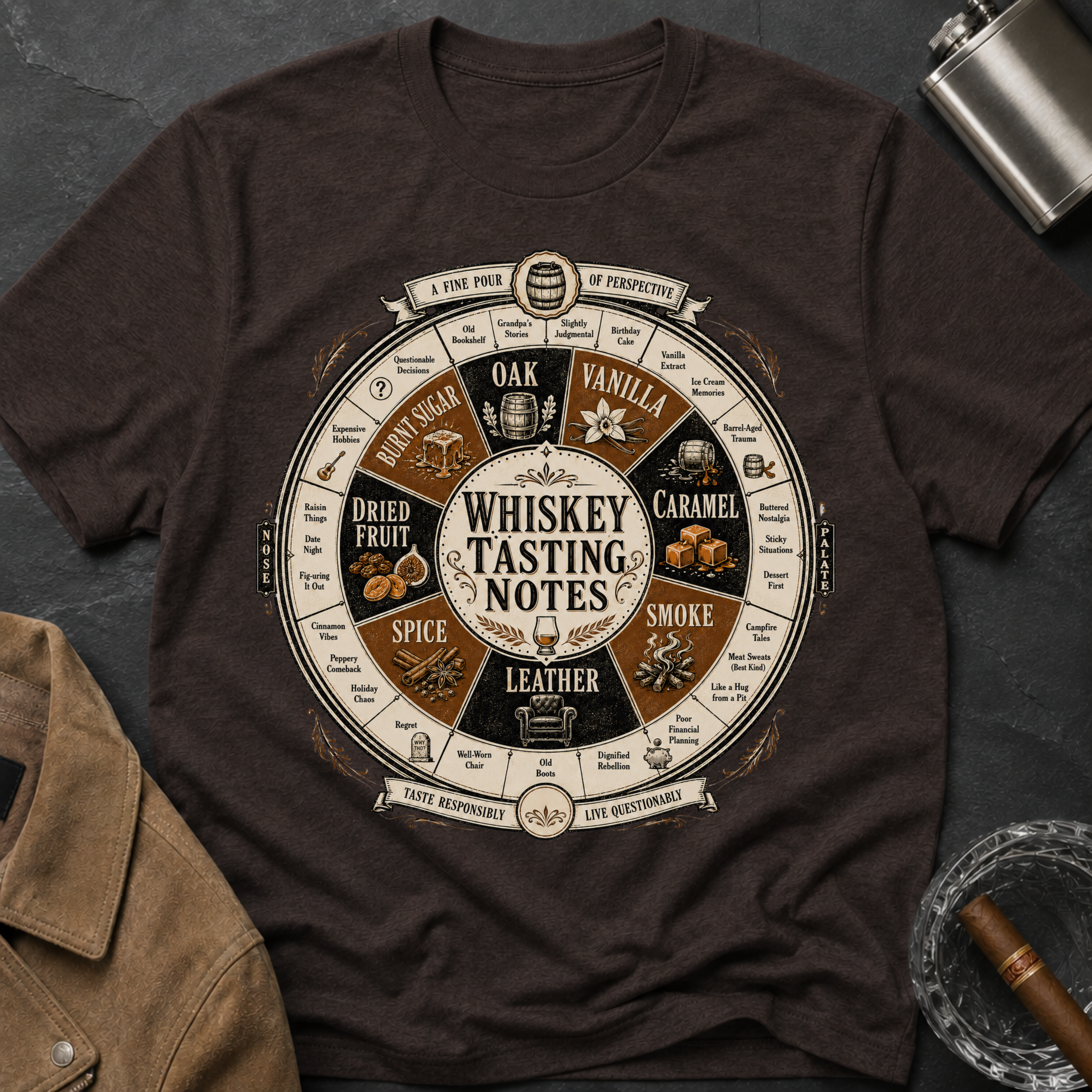 Whiskey Tasting Notes T-Shirt — Vintage Whiskey Flavor Wheel