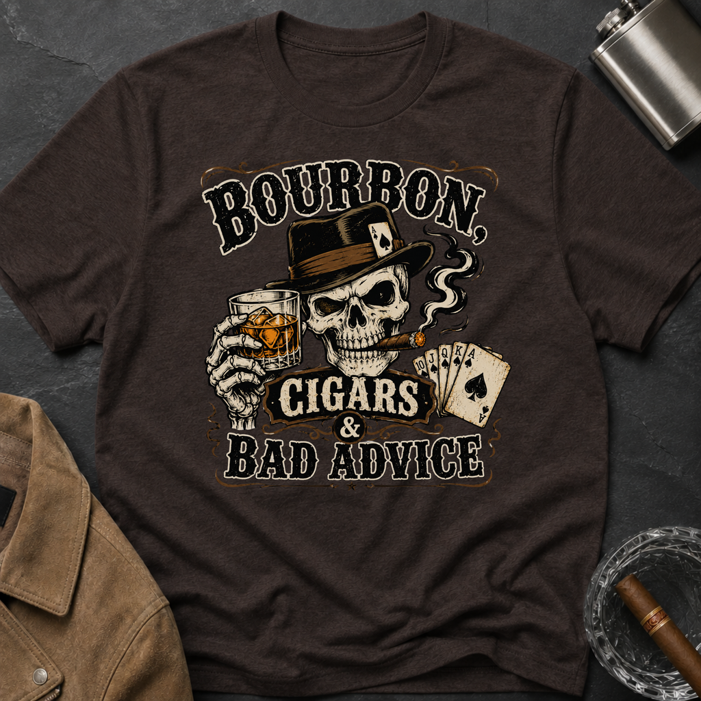 Bourbon, Cigars & Bad Advice T-Shirt — Skull Whiskey Bar Graphic Tee