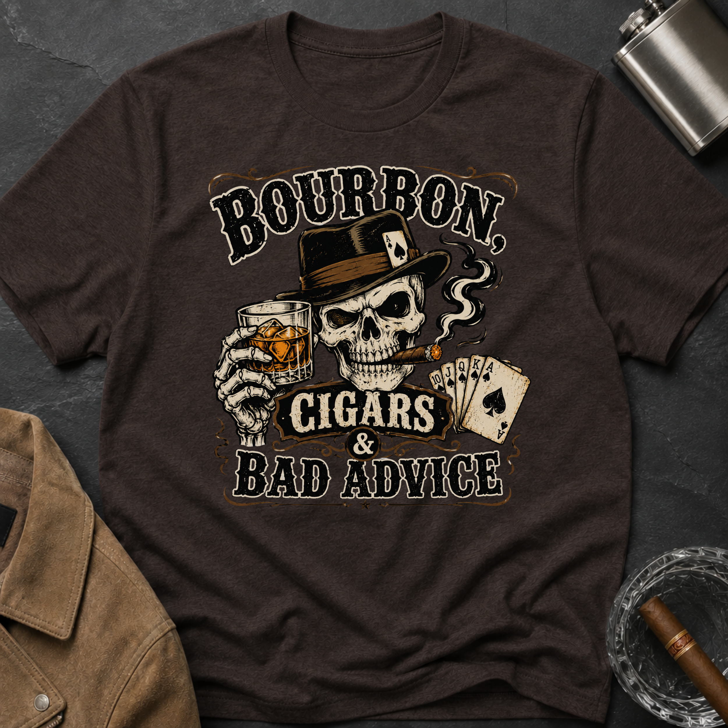 Bourbon, Cigars & Bad Advice T-Shirt — Skull Whiskey Bar Graphic Tee
