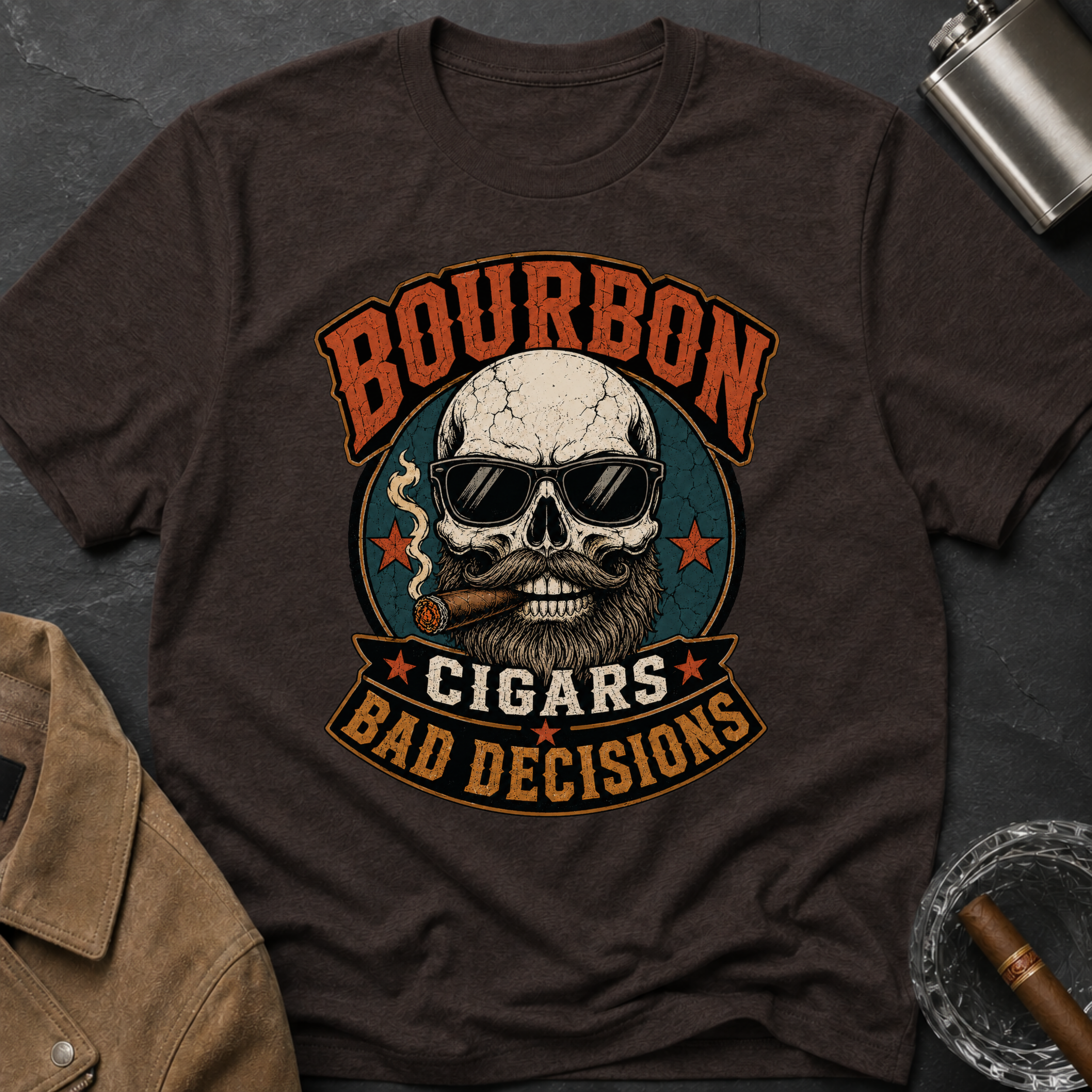 Bourbon Cigars Bad Decisions T-Shirt — Skull Vintage Bourbon Graphic Tee