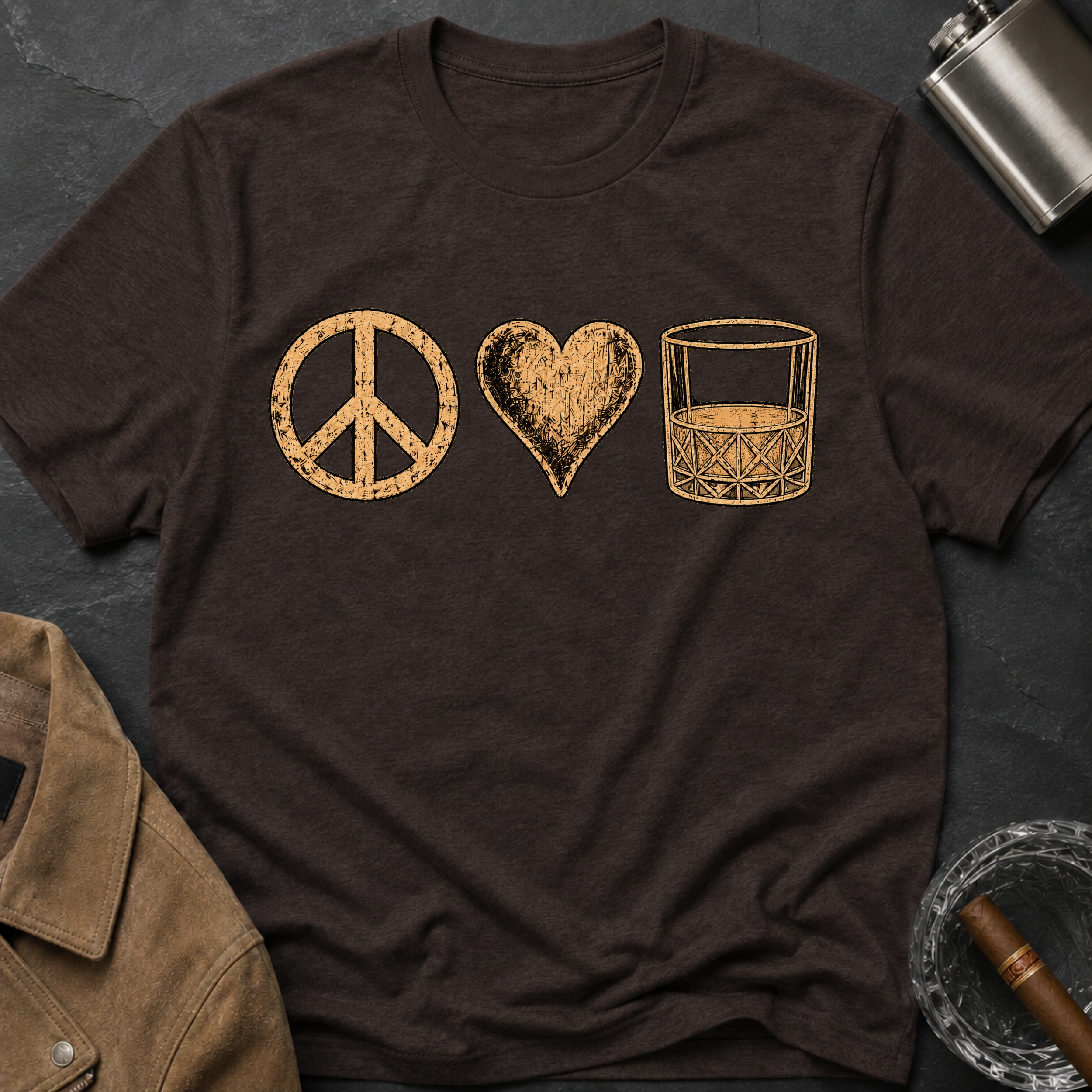 Peace Love Whiskey T-Shirt — Vintage Peace Sign Heart & Whiskey Glass Tee