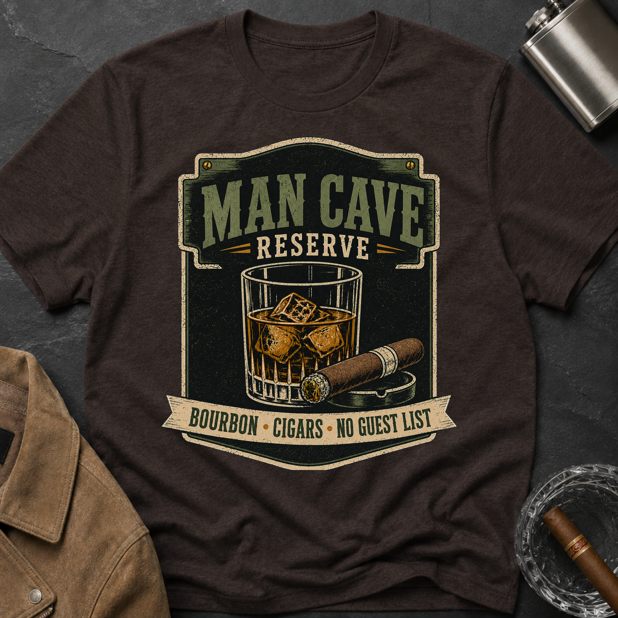 Man Cave Reserve T-Shirt — Vintage Whiskey & Cigar Lounge Tee
