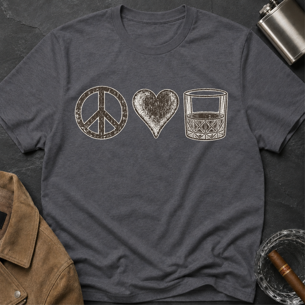 Peace Love Whiskey T-Shirt — Vintage Peace Sign Heart & Whiskey Glass Tee