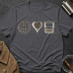 Peace Love Whiskey T-Shirt — Vintage Peace Sign Heart & Whiskey Glass Tee