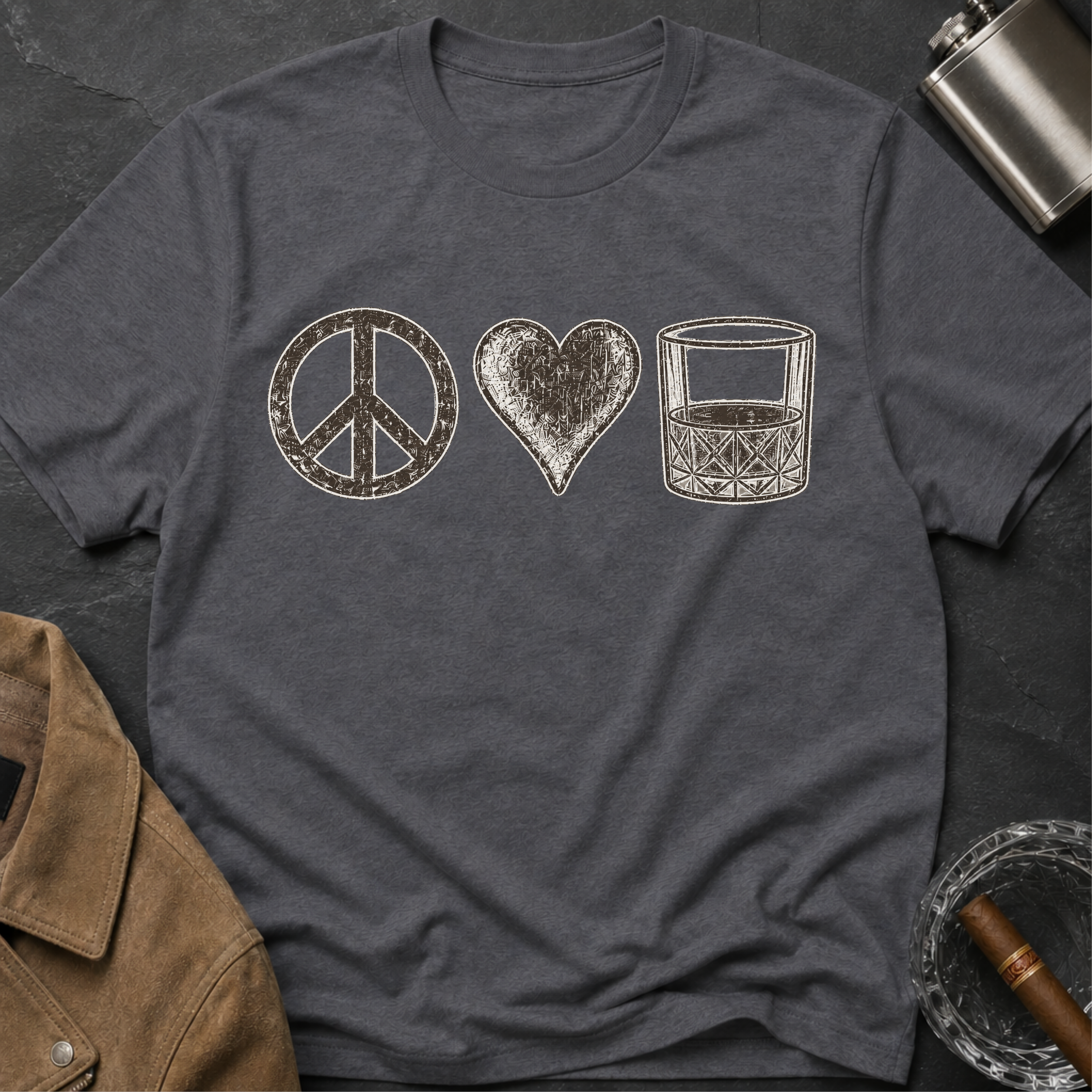 Peace Love Whiskey T-Shirt — Vintage Peace Sign Heart & Whiskey Glass Tee