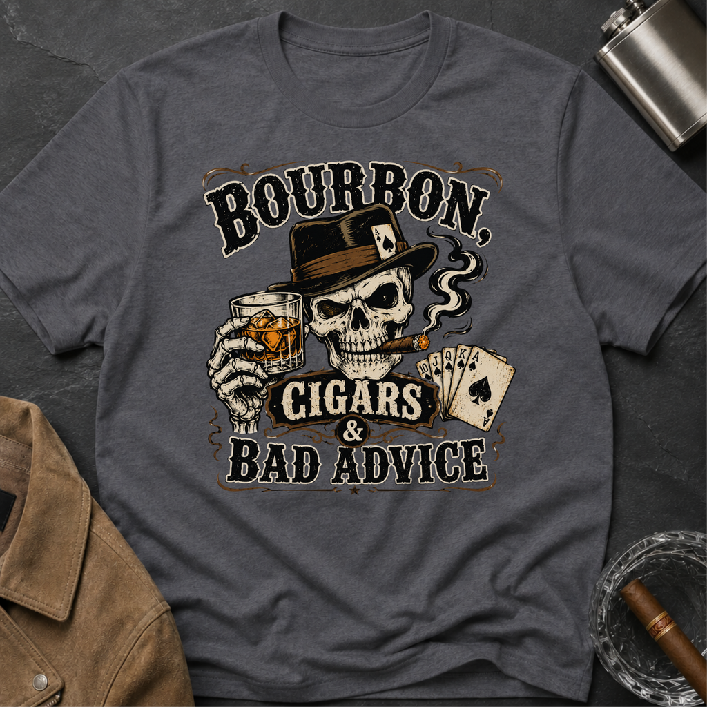 Bourbon, Cigars & Bad Advice T-Shirt — Skull Whiskey Bar Graphic Tee