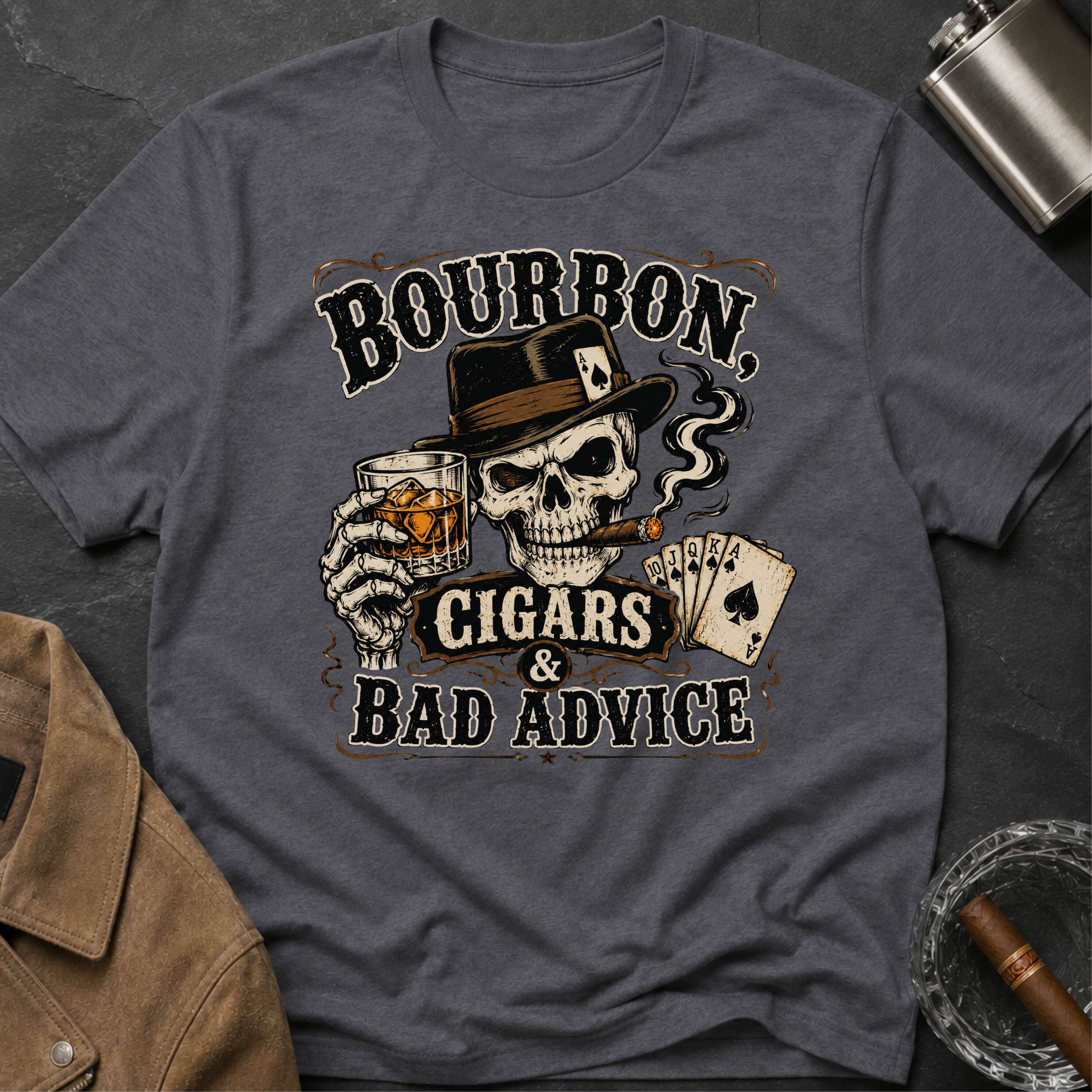 Bourbon, Cigars & Bad Advice T-Shirt — Skull Whiskey Bar Graphic Tee